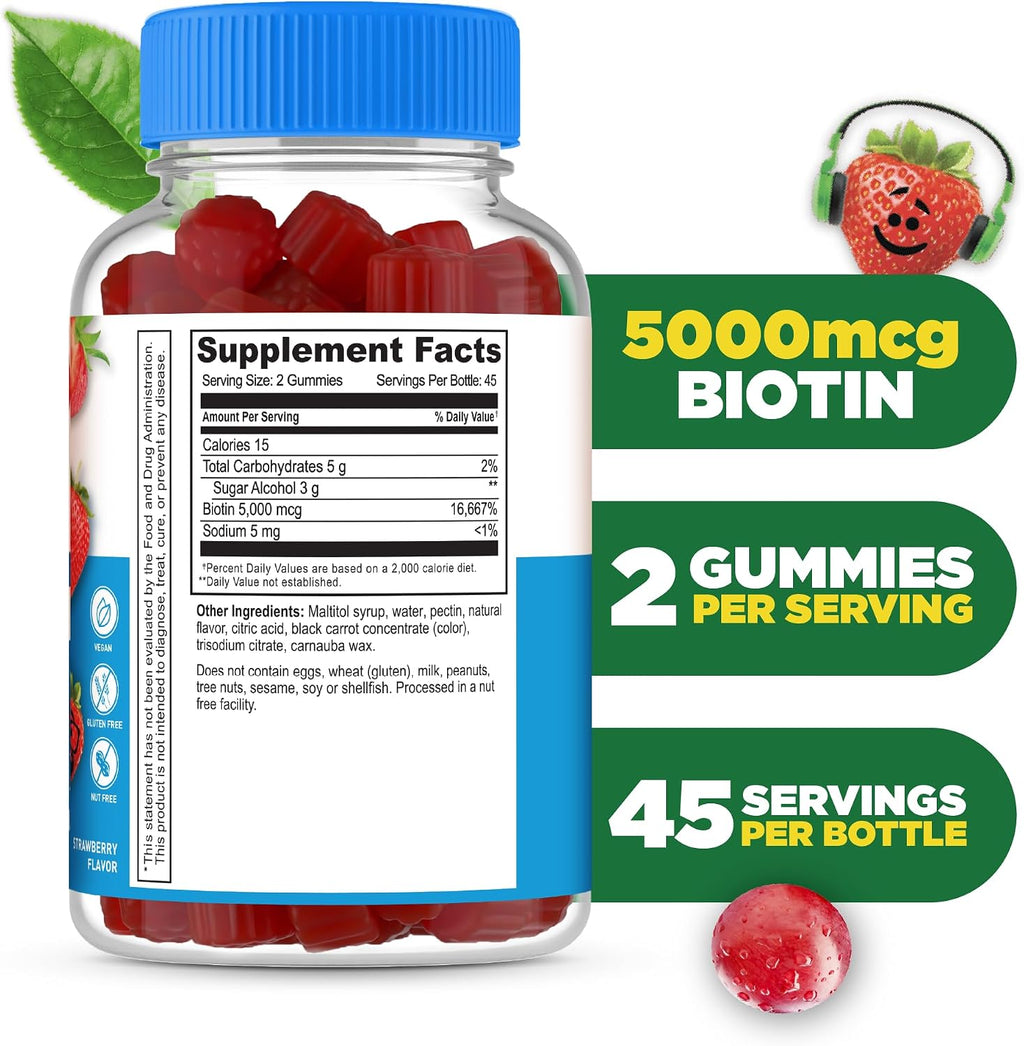 Lifeable Gomitas de Biotina Sin Azúcar para Niños – 5000mcg – 90 Gomitas con Sabor Frambuesa
