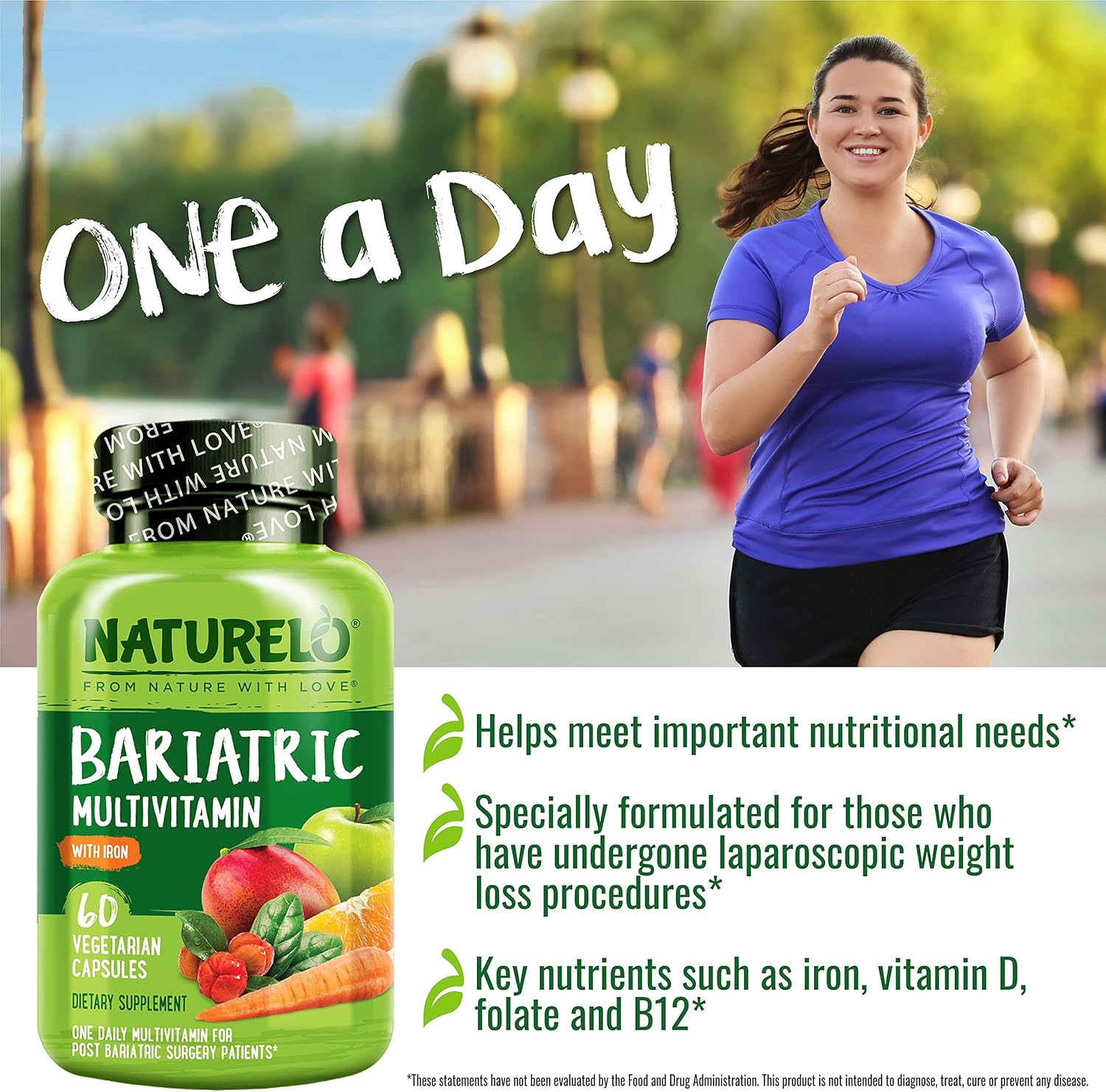 NATURELO Bariatric Multivitamin - One Daily with Iron - Suplemento para Cirugía Bariátrica - Nutrición Natural - 60 Cápsulas Veganas