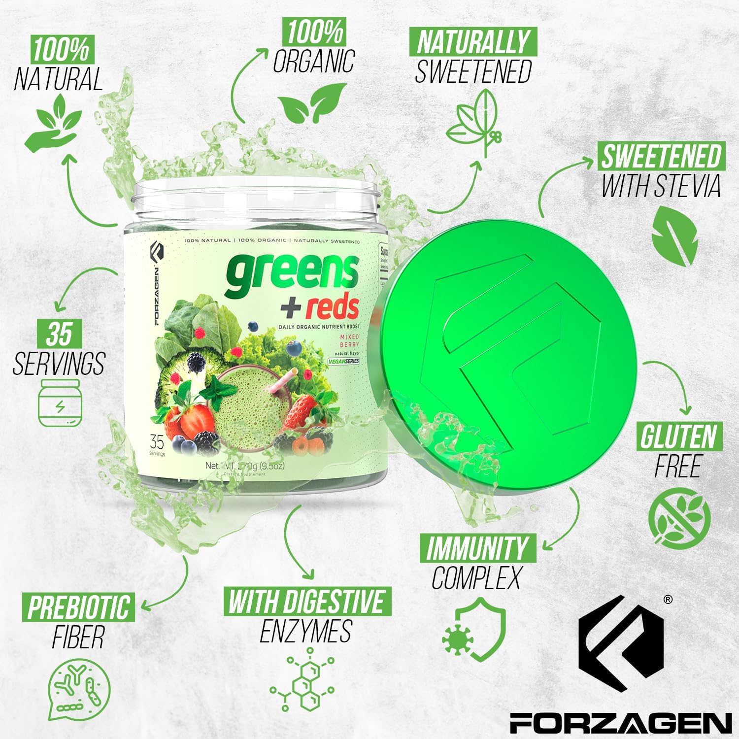 Forzagen Vegan Greens & Reds Superfood Powder - Polvo de Superalimentos Verdes y Rojos Orgánicos