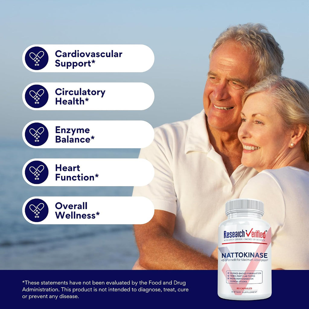 Research Verified Nattokinase 4000 FU - Apoyo Circulatorio - Con BioPerine, Sin Vitamina K2 - 60 Cápsulas - Pack de 6