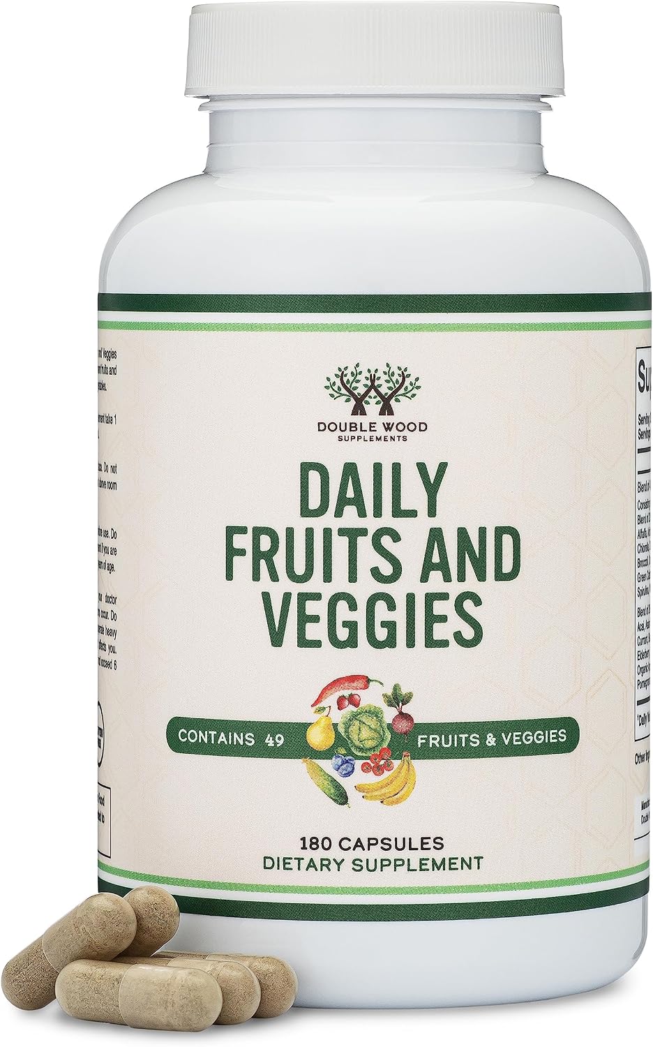 Double Wood Suplemento de Frutas y Verduras - Mezcla de 49 Frutas y Verduras - 1,500 mg por Ración - 180 Cápsulas