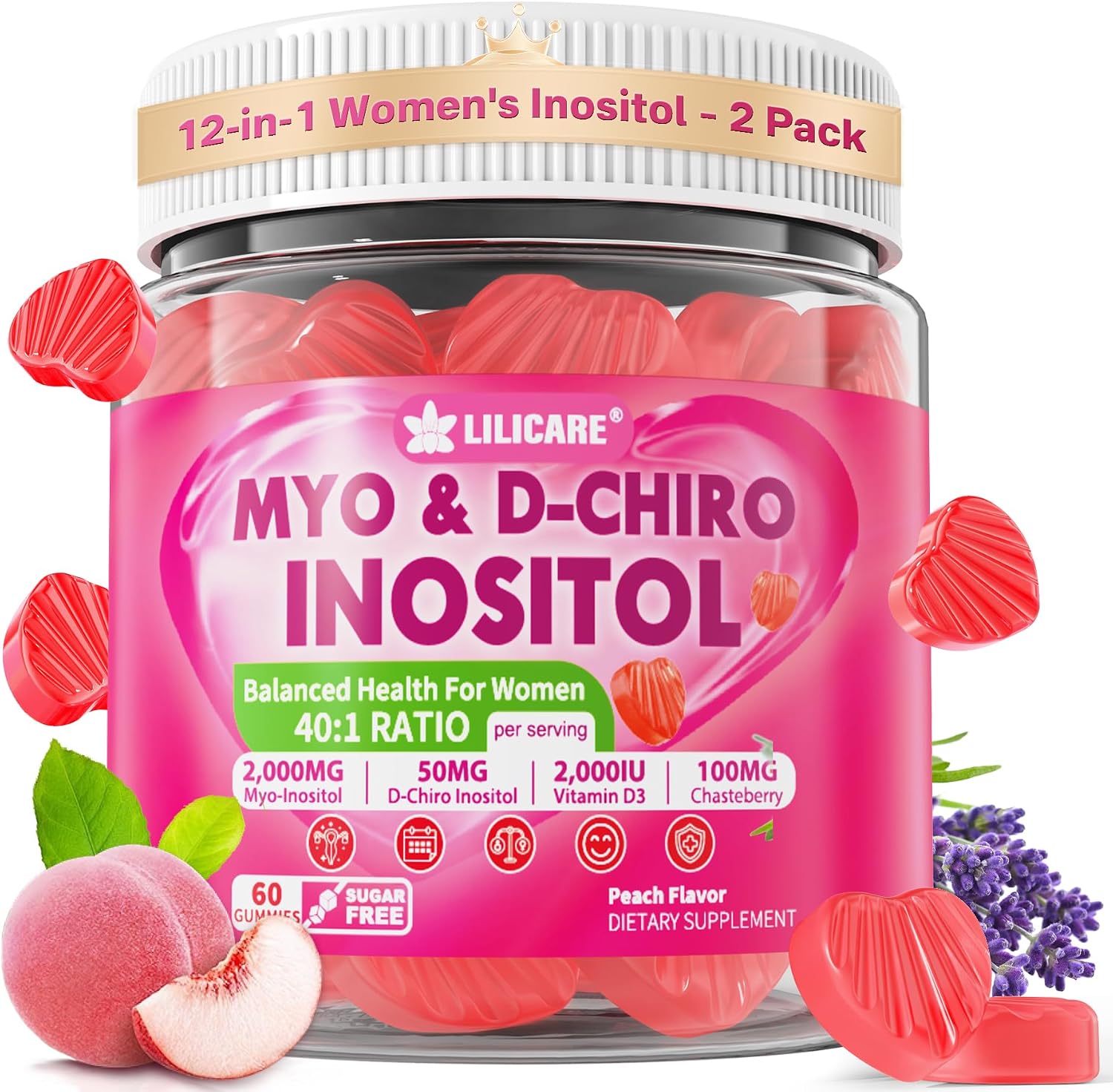 LILICARE Inositol Gummies para Mujeres - 2000mg Myo-Inositol + 50mg D-Chiro 40:1 con Chasteberry, Vitamina D3, Magnesio - Pack de 2 (120 Gominolas Veganas sin Azúcar)