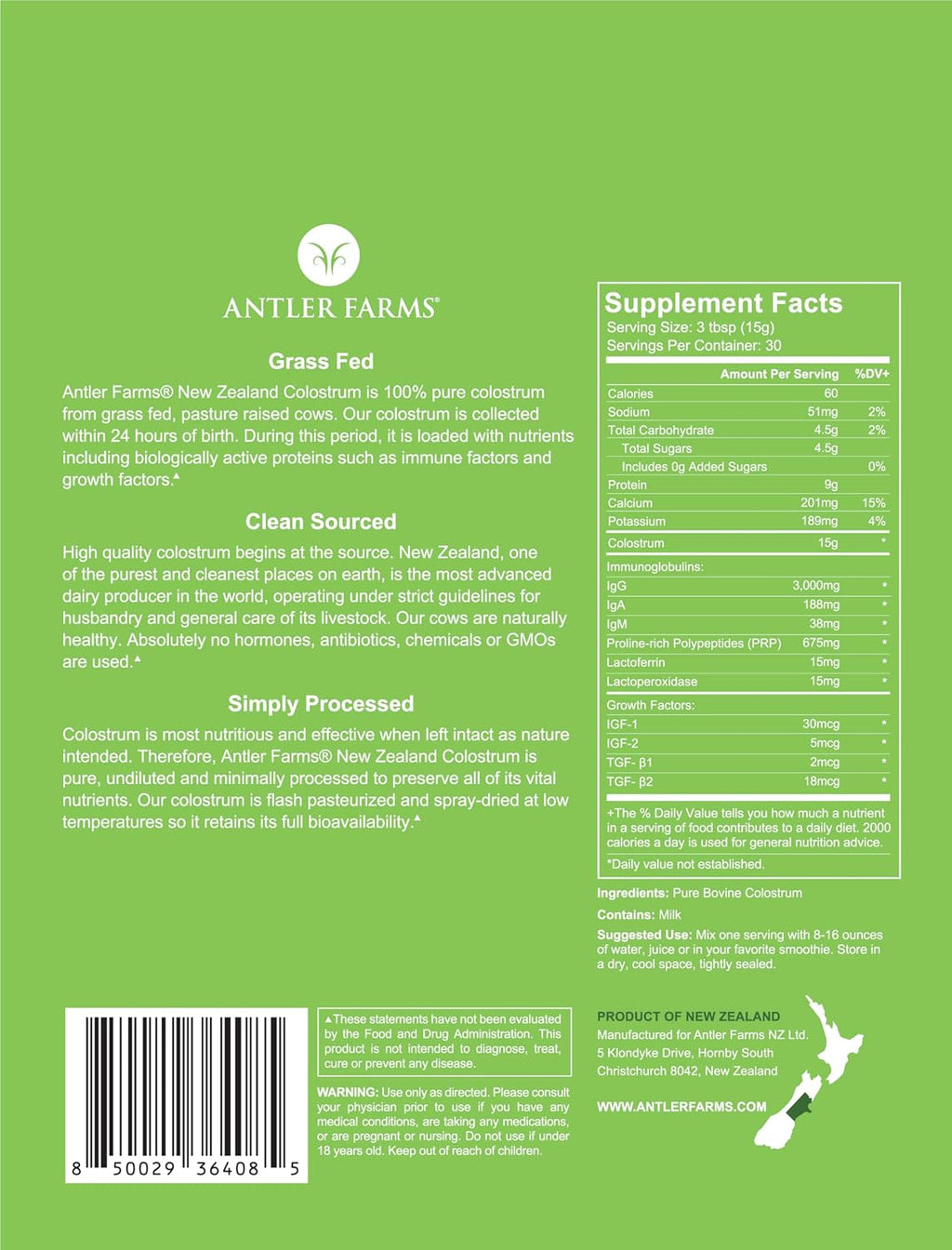 Antler Farms Calostro 100% Puro de Nueva Zelanda, 454 g (30 dosis)