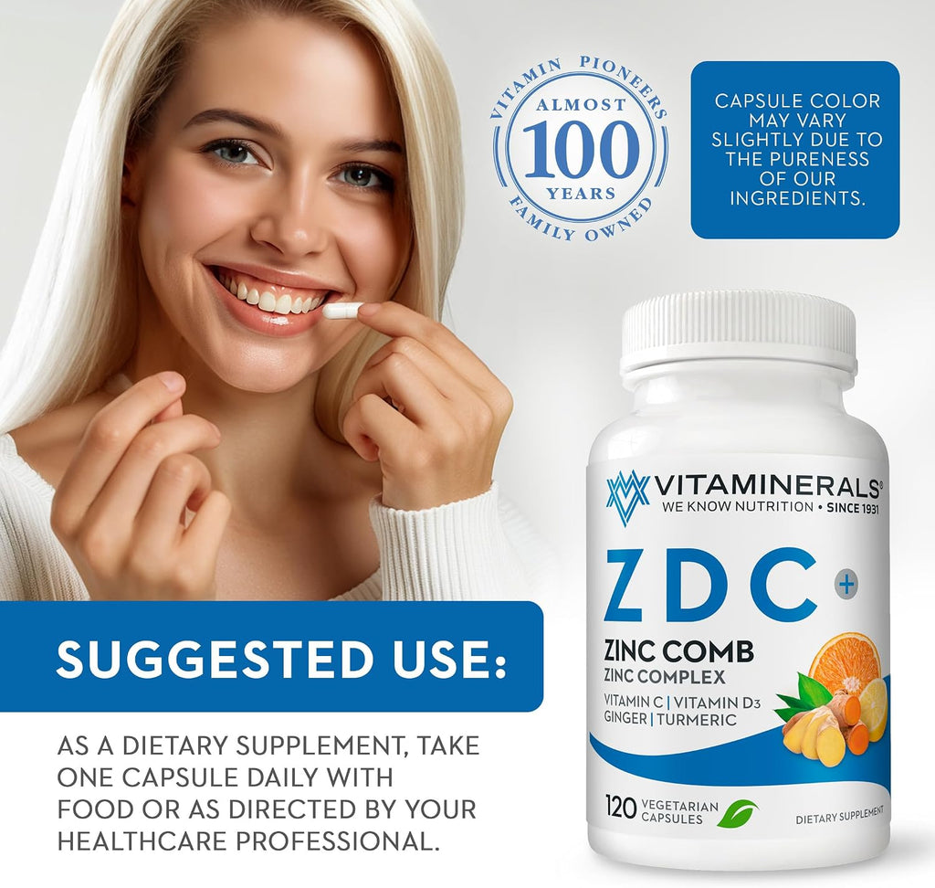Vitaminerals® Z D C, Complejo de Zinc 50mg, Vitamina D3 250mcg, Vitamina C 500mg, con Jengibre, Lisina, Cúrcuma y Bioflavonoides - 120 Cápsulas Vegetarianas