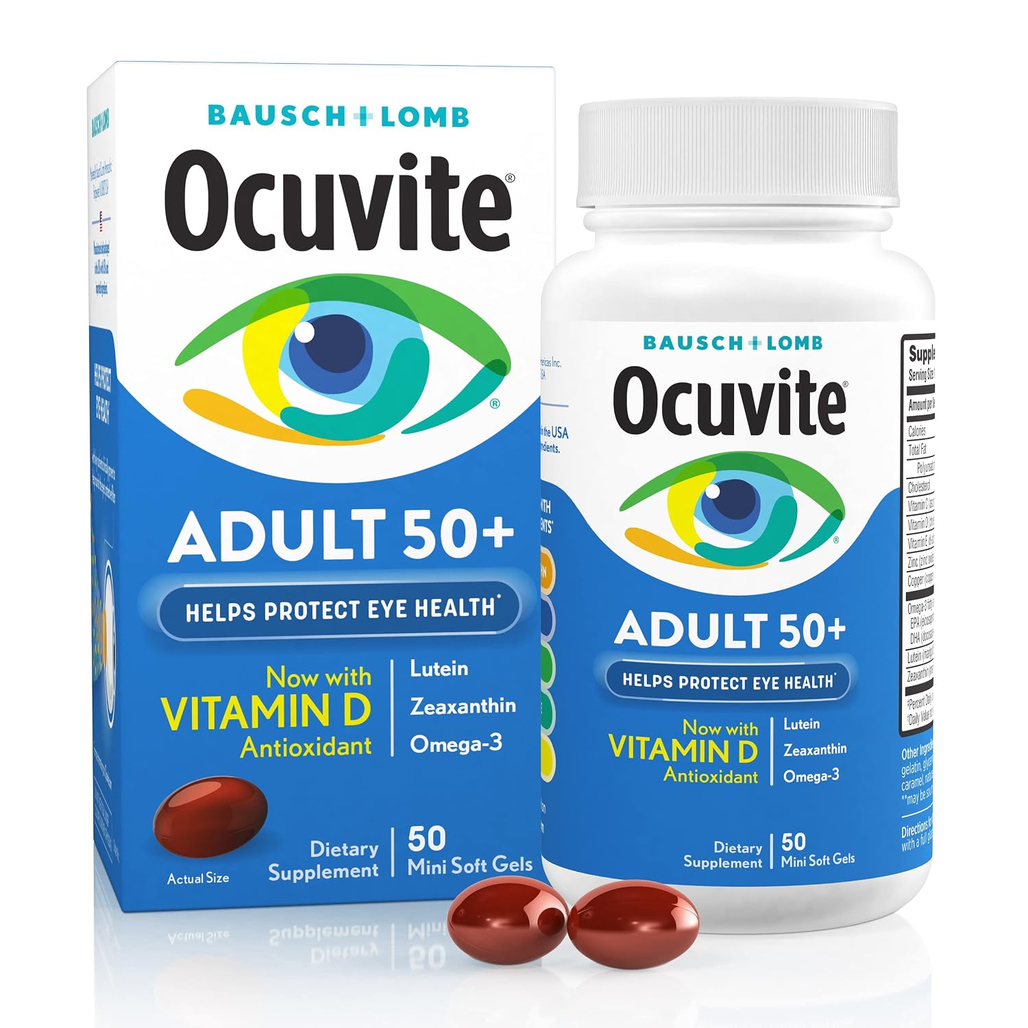 Ocuvite 50+ Complemento Alimenticio para la Visión con Omega-3, Zinc, Vitaminas C y E, Luteína y Zeaxantina - 50 Cápsulas Blandas