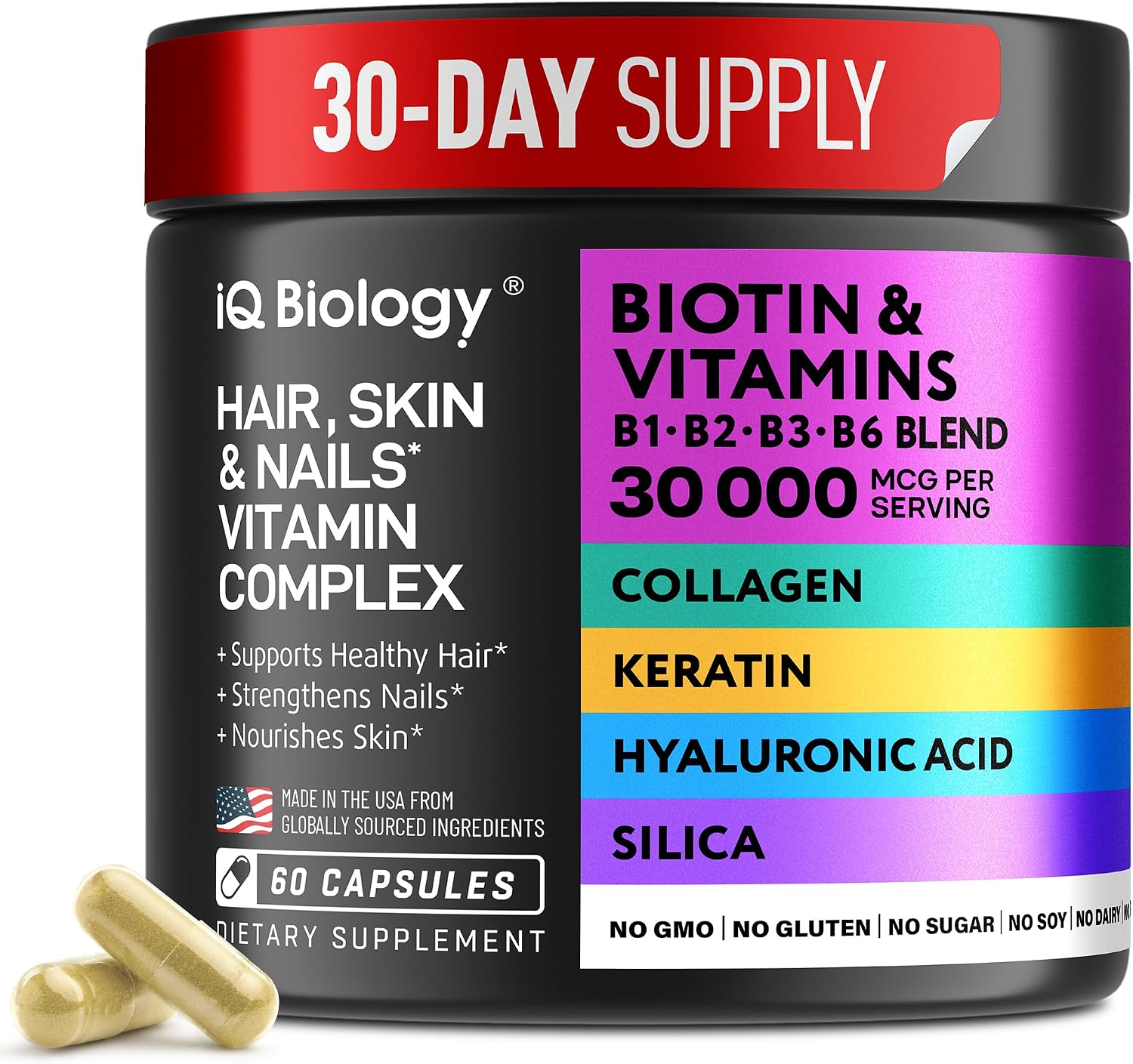Biotina 10.000 mcg con Colágeno y Queratina para el Cabello - 60 Cápsulas