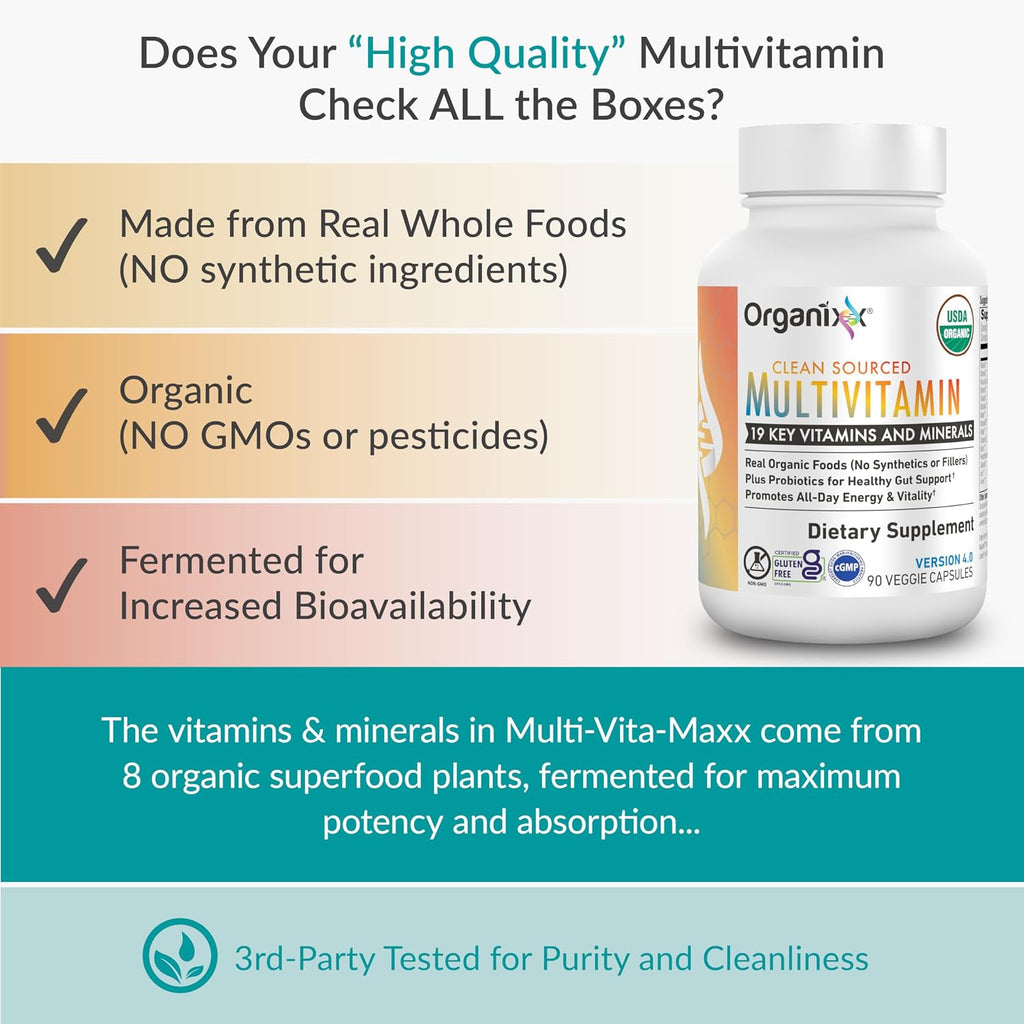 Organixx Clean Sourced Multivitamin - Multivitamínico Orgánico y Completo, 90 Cápsulas Veganas