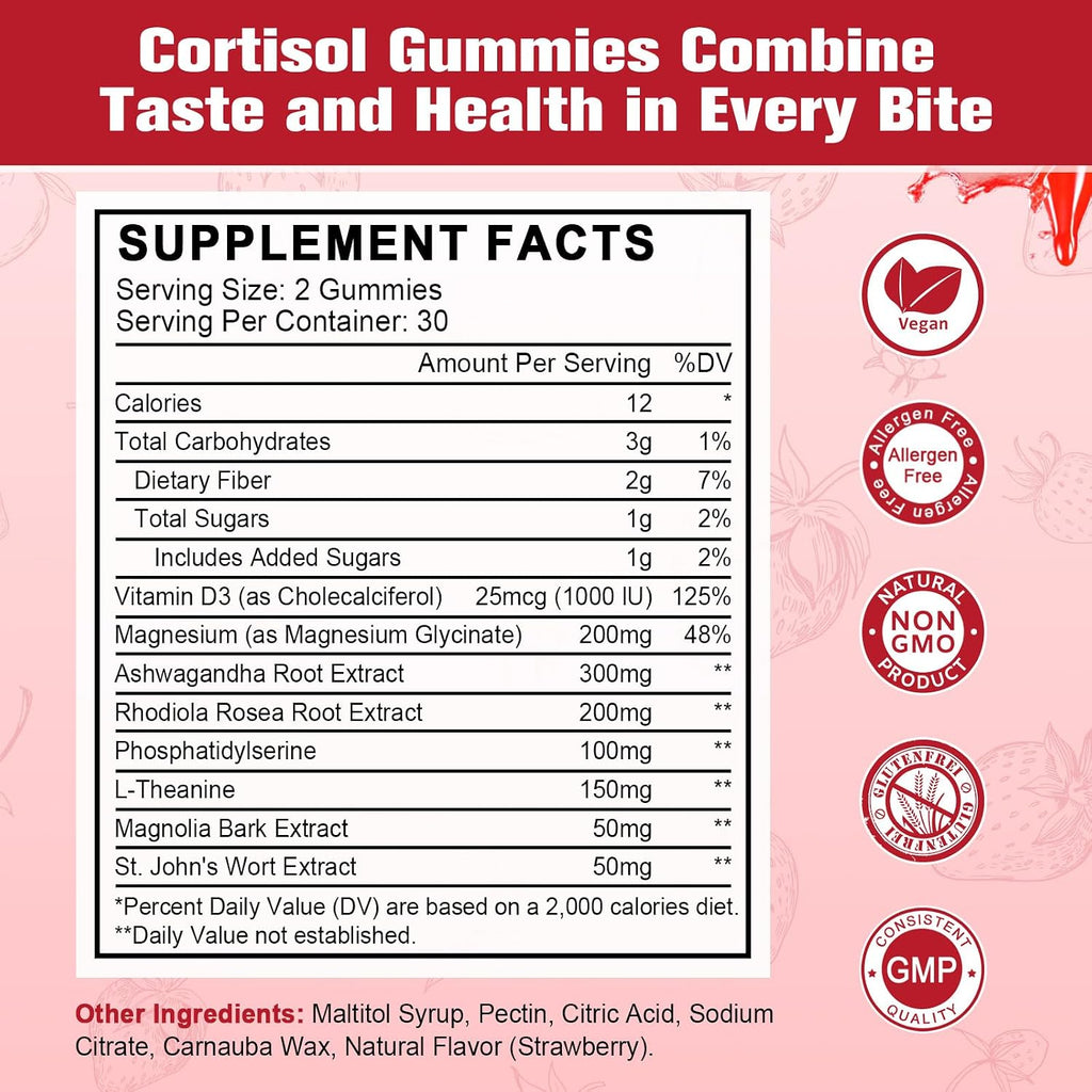 Gominolas de Cortisol para Mujeres con Ashwagandha, Rhodiola Rosea, L-Teanina, Magnesio y Vitamina D3 - 60 Gominolas Veganas