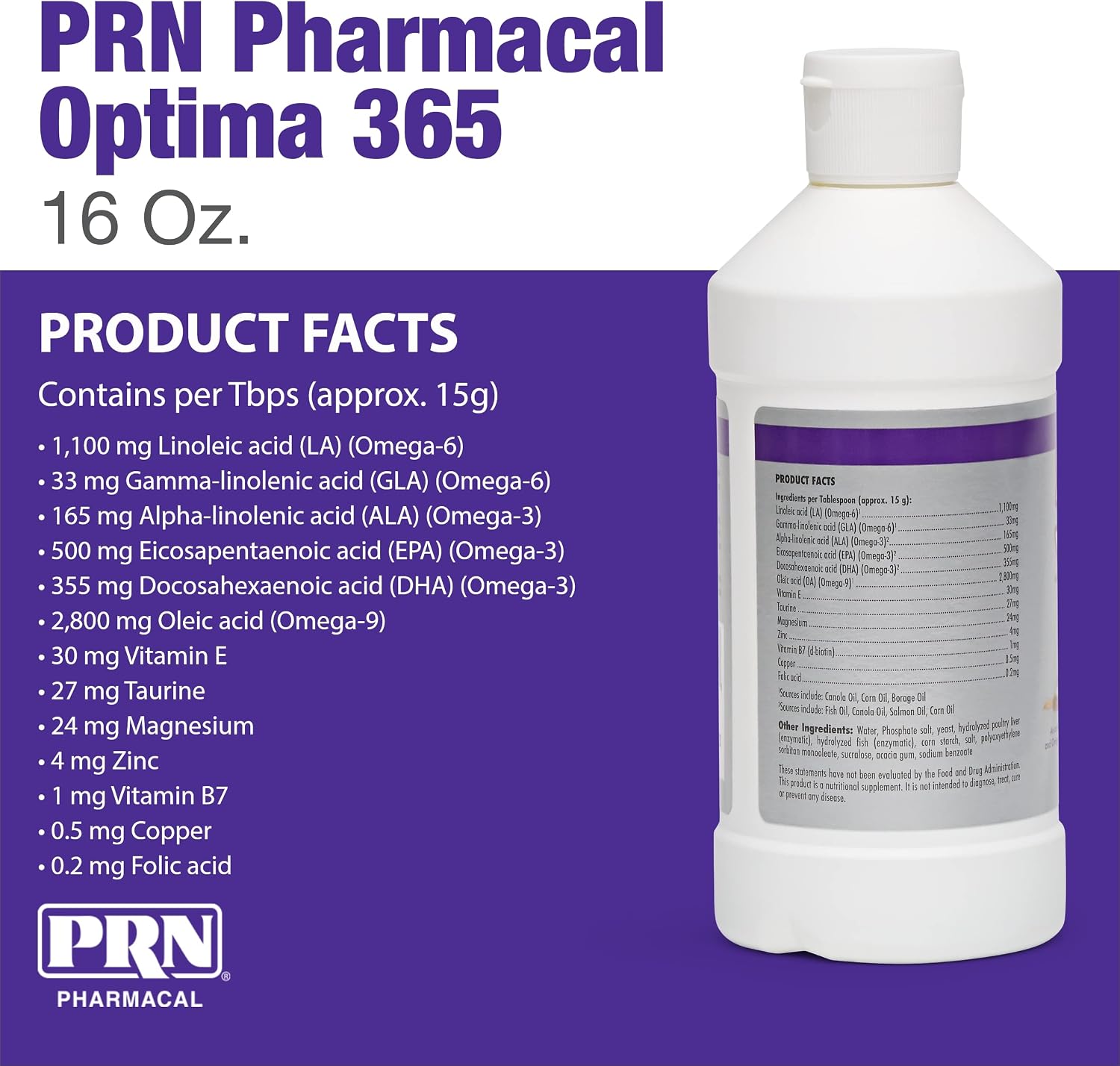 PRN Pharmacal OPTIMA 365 - Essential Fatty Acid Nutritional Supplement for Dogs and Cats - With Omega-3, Omega-6, Omega-9, and Other Vitamins and Minerals to Support Overall Pet Health - 473 ml