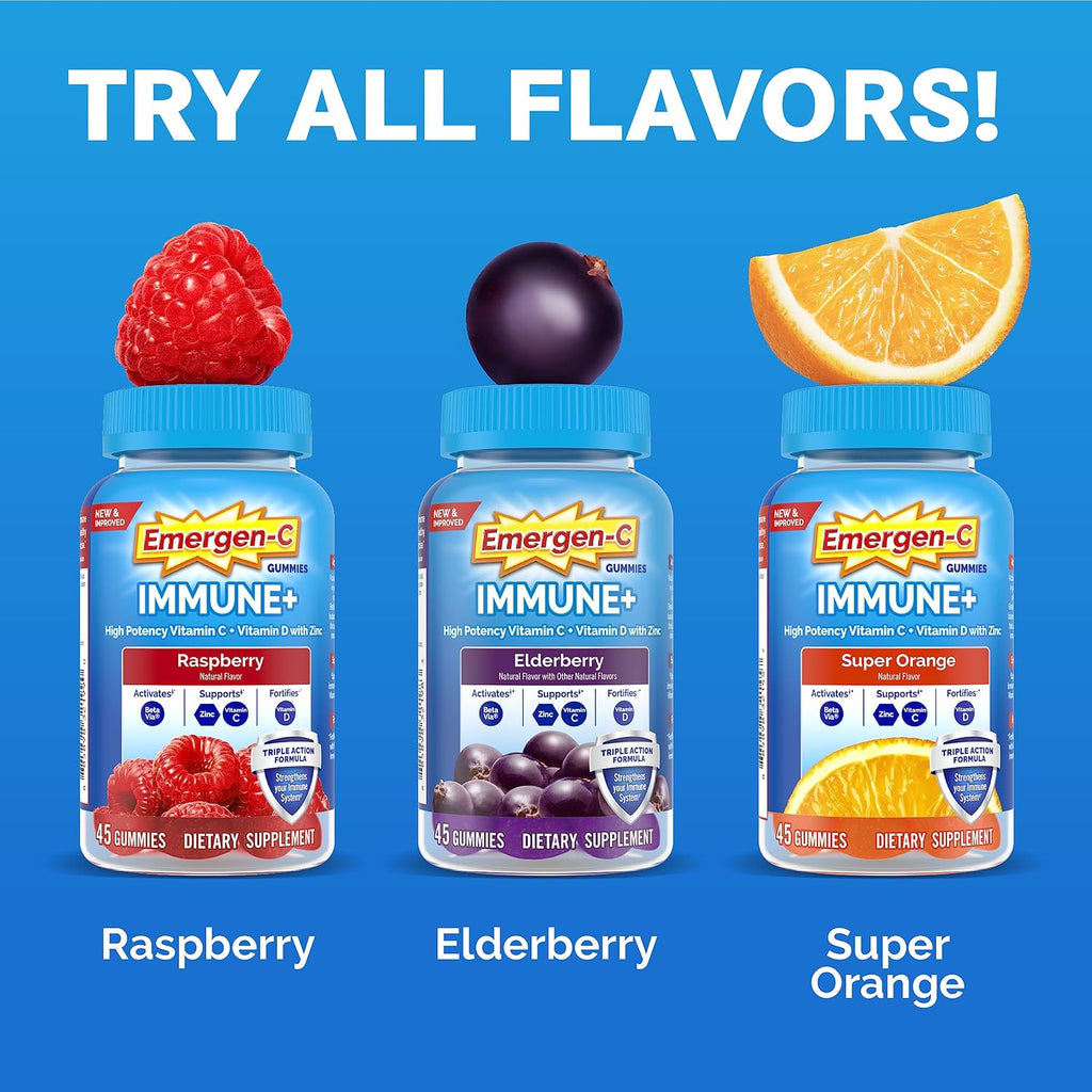Emergen-C Immune+ Triple Action Gominolas de Apoyo Inmunitario, con BetaVia, 750 mg de Vitamina C, Vitaminas B, Vitamina D y Antioxidantes, Sabor Super Naranja - 45 Unidades