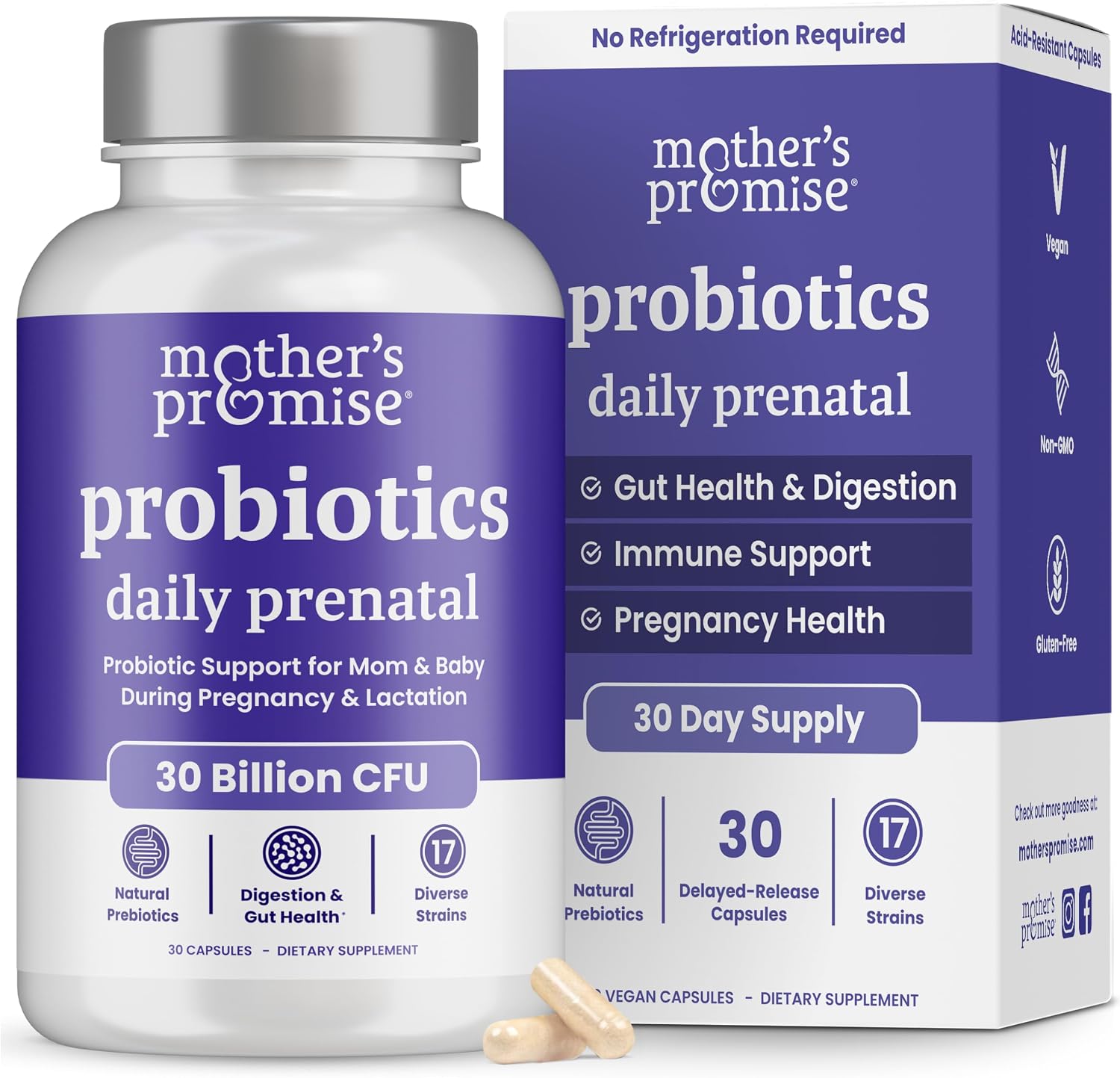 Probióticos Prenatales - 30B UFC, 17 Cepas + Prebióticos Orgánicos - Mother's Promise