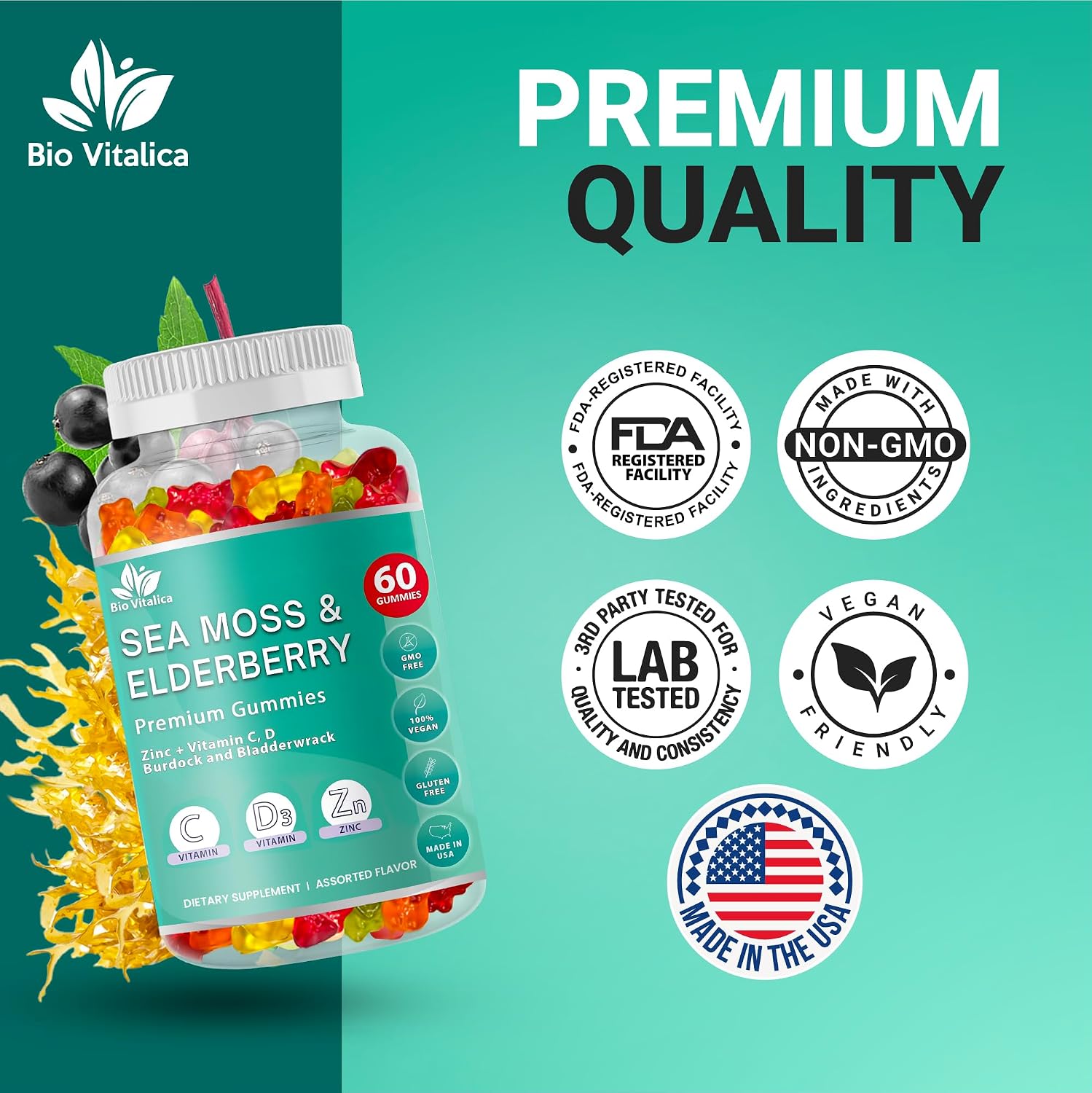 Gominolas de Musgo de Mar y Saúco con Vitaminas C, D y Zinc – 60 uds