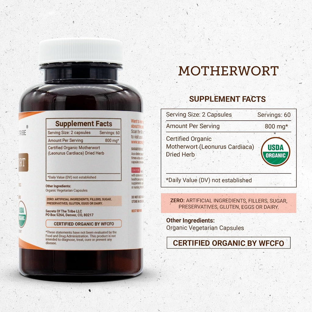 Secrets of the Tribe Motherwort USDA Organic Capsules | Cápsulas Vegetarianas Ecológicas Certificadas | Leonurus Cardiaca Hierba Seca (120 Cápsulas)