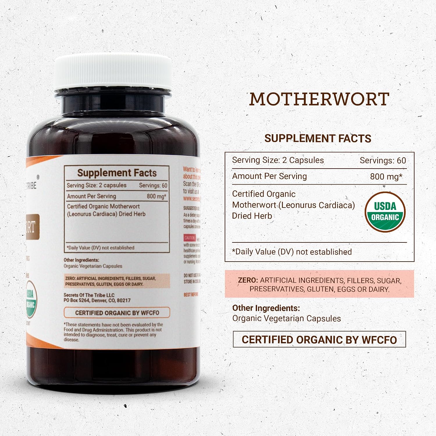 Secrets of the Tribe Motherwort USDA Organic Capsules | Cápsulas Vegetarianas Ecológicas Certificadas | Leonurus Cardiaca Hierba Seca (120 Cápsulas)