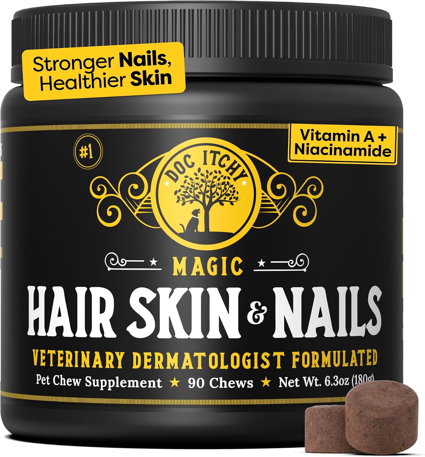 Suplemento Médico para Piel, Pelo y Uñas de Perros | Vitamina A, Niacinamida y EPA Omega 3 | 90 Masticables