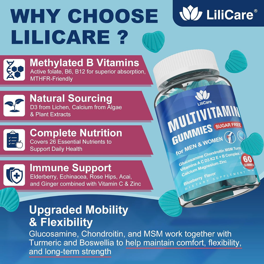 LILICARE Multivitamínico sin azúcar para mayores de 50 años con glucosamina, condroitina y MSM - 60 gominolas