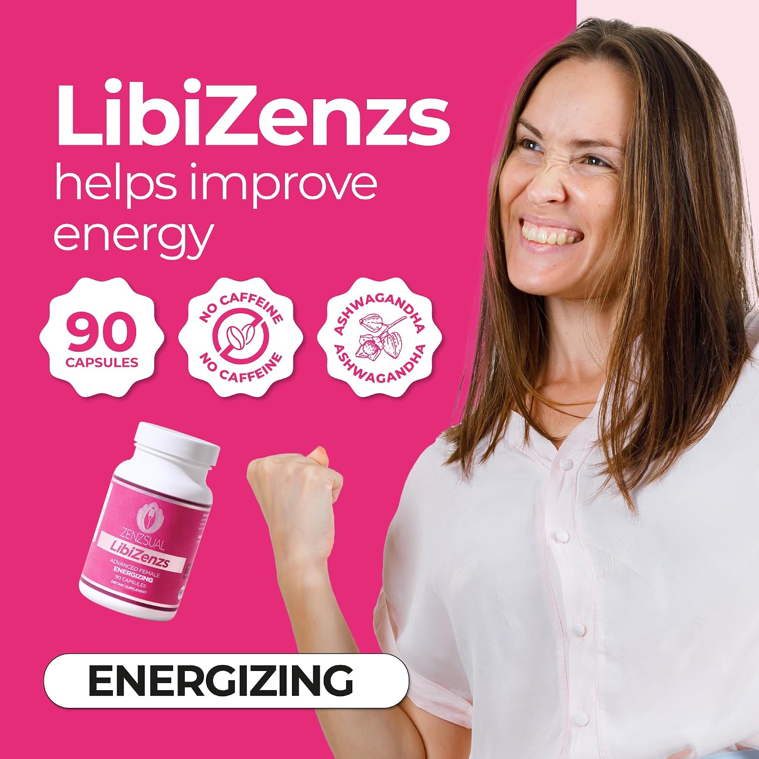 ZENZSUAL Libizenzs – Suplemento energético vegetal para mujeres – Sin cafeína – Con maca, ashwaganda y ginseng – 90 cápsulas veganas