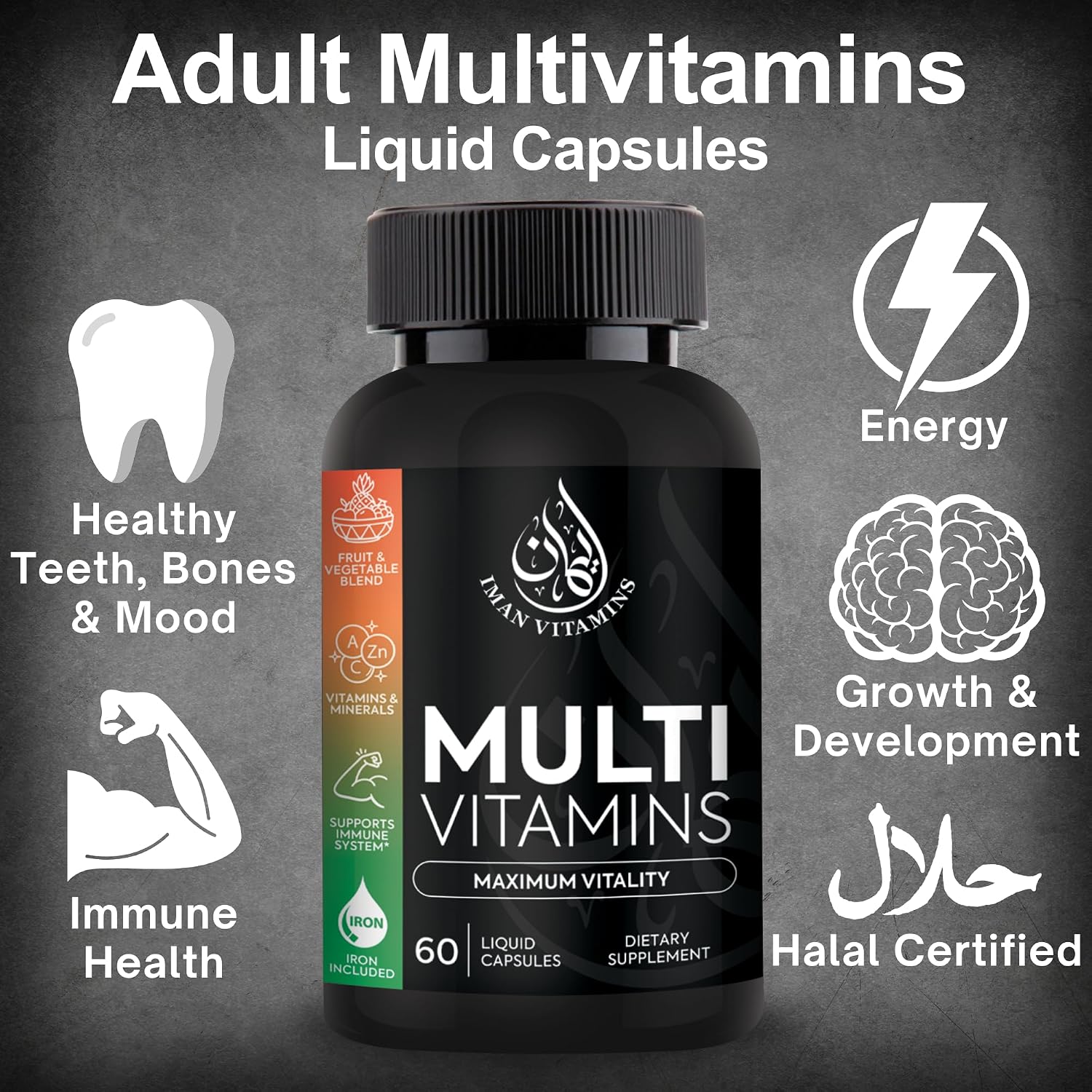 Iman Vitamins Halal Complete Multivitamin - Cápsulas Multivitamínicas para Adultos con 42 Frutas y Verduras, Hierro, Zinc, CoQ10 y Vitaminas