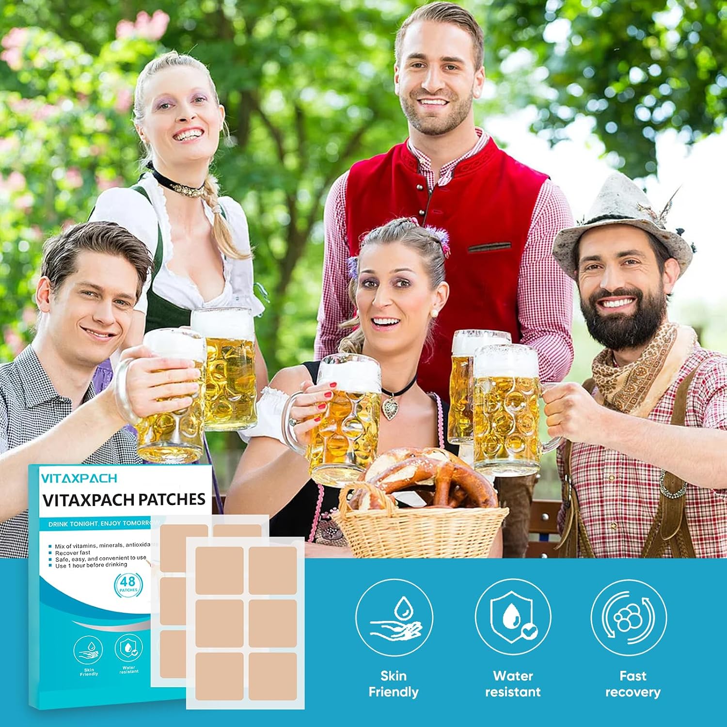 Vitaxpach Recovery Patches - 48 Parches, Ingredientes 100% Naturales - Despierta Renovado, Parches Adhesivos Hidrorepelentes y Respetuosos con la Piel - Aplicar Antes de Beber