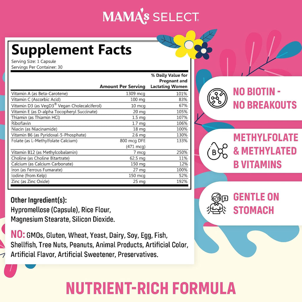 Mama's Select Vitaminas Prenatales – Sin Alérgenos, MTHFR Friendly, Folato Metilado, 1 Vez al Día, Vegano