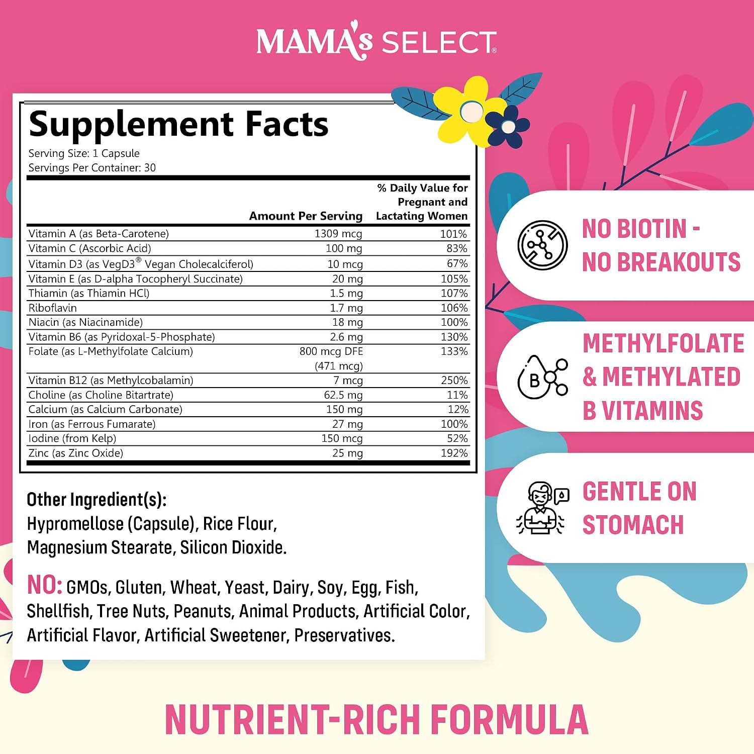 Mama's Select Vitaminas Prenatales – Sin Alérgenos, MTHFR Friendly, Folato Metilado, 1 Vez al Día, Vegano