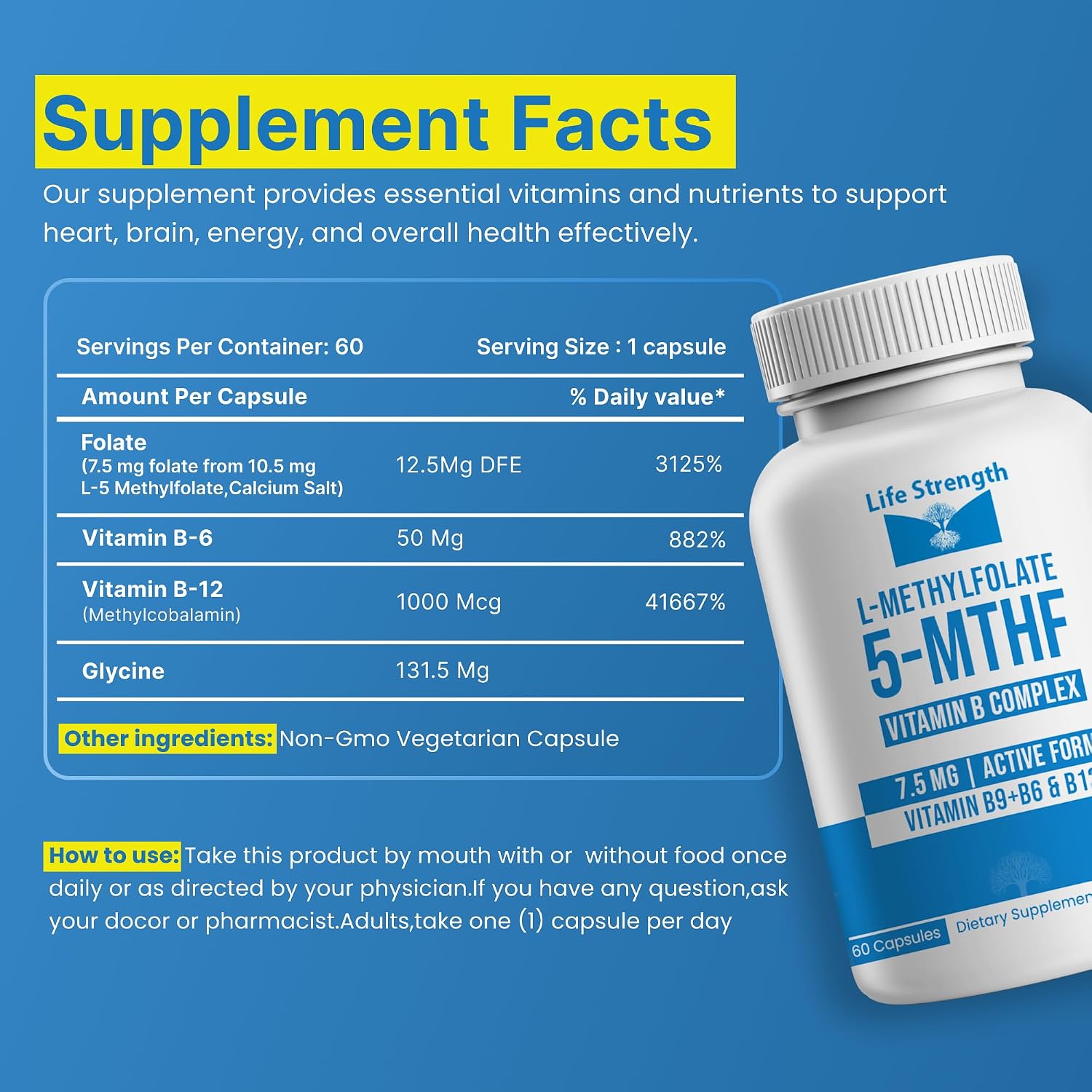 L-Metilfolato 7.5 mg + Complejo B - 5-MTHF, B6 y B12 Metilcobalamina - 60 Cápsulas - Fórmula Profesional