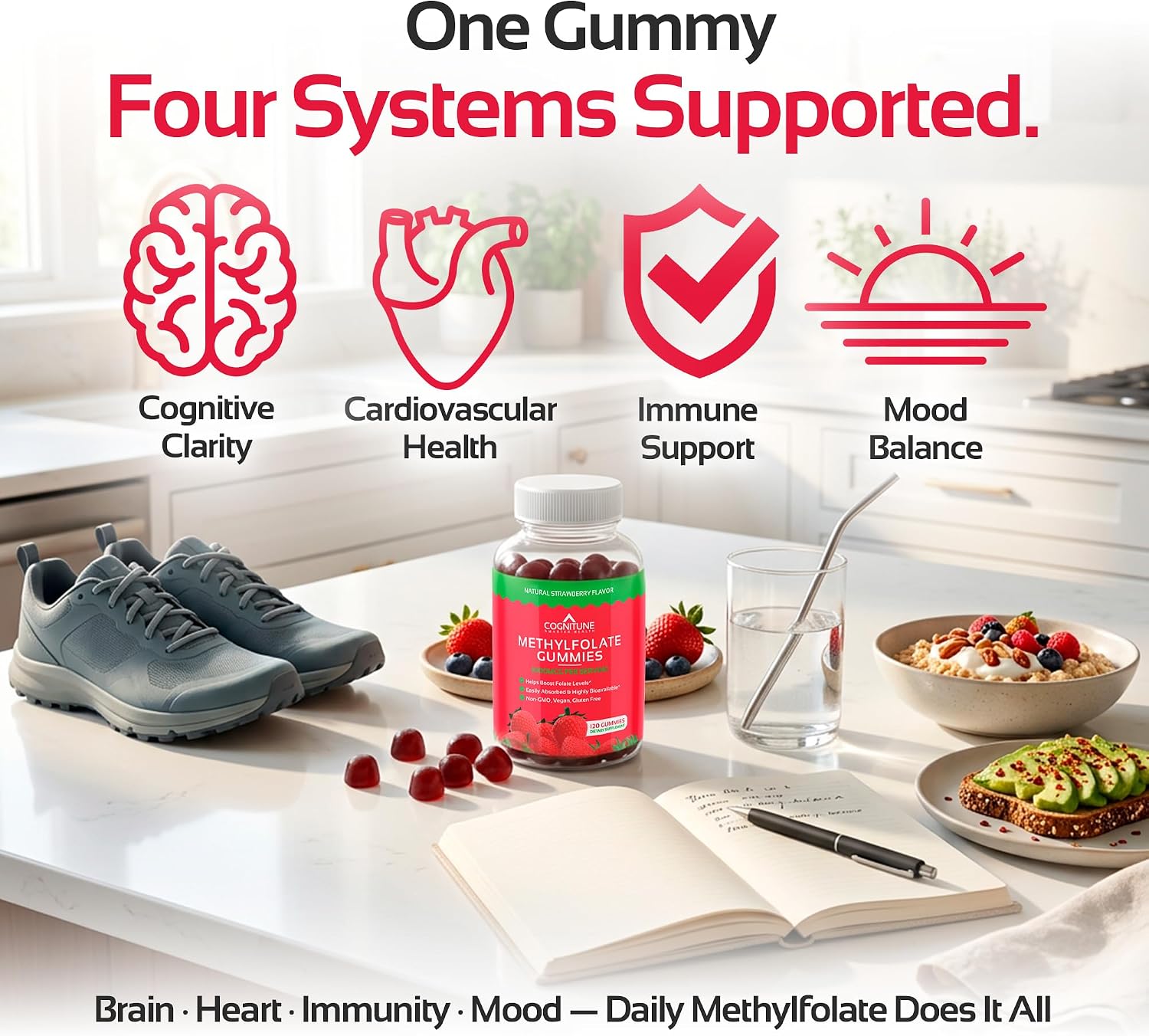 CogniTune Methylfolate Gummies para Niños y Adultos - L-Metilfolato 1000 mcg - Complemento de Folato Activo 5-MTHF - Apoyo MTHFR - Gomitas de Fresa - Sin OGM, Vegano - 60 Unidades