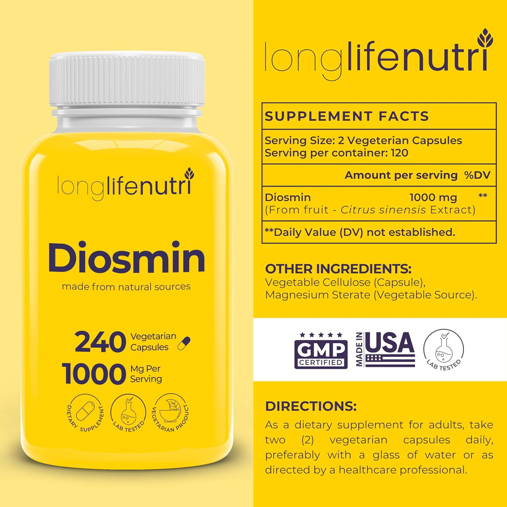 Diosmin 1000mg Advanced Formula - 240 Cápsulas para Apoyo a la Salud Circulatoria, Suministro de 4 Meses, No GMO, Fabricado en EE. UU. - Suplemento Diario de Bienestar