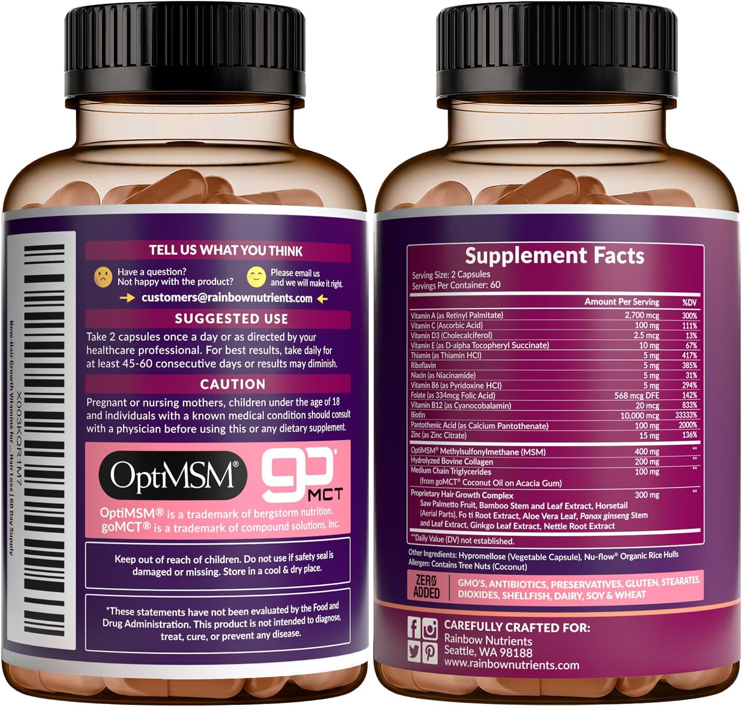 Vitaminas para el Cabello con Biotina 10.000mcg, Colágeno y OptiMSM® - 60 Cápsulas