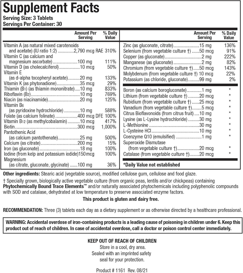 BIOTICS RESEARCH Bio-Multi Plus - Fórmula Multivitamínica y Mineral Base con Minerales Traza de Base Vegetal, 90 Comprimidos