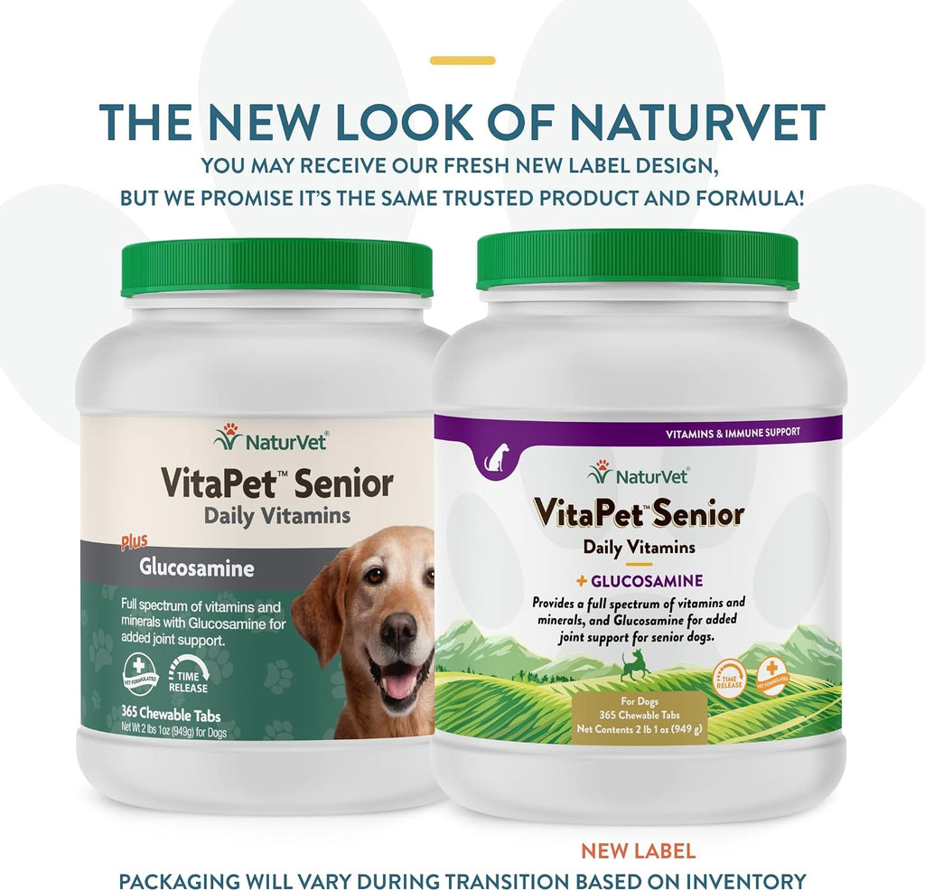 NaturVet VitaPet Senior Vitaminas Diarias para Perros Mayores con Glucosamina - 365 Comprimidos de Liberación Prolongada