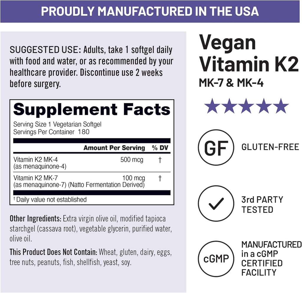 NatureWise Vitamina K2 600 mcg con MK-7 100 mcg y MK-4 500 mcg - Fórmula Mejorada de Biodisponibilidad - Complejo K para la Salud Ósea y Cardíaca - Vegano, Sin Gluten, No-GMO - 180 Cápsulas Blandas (Suministro para 6 Meses)