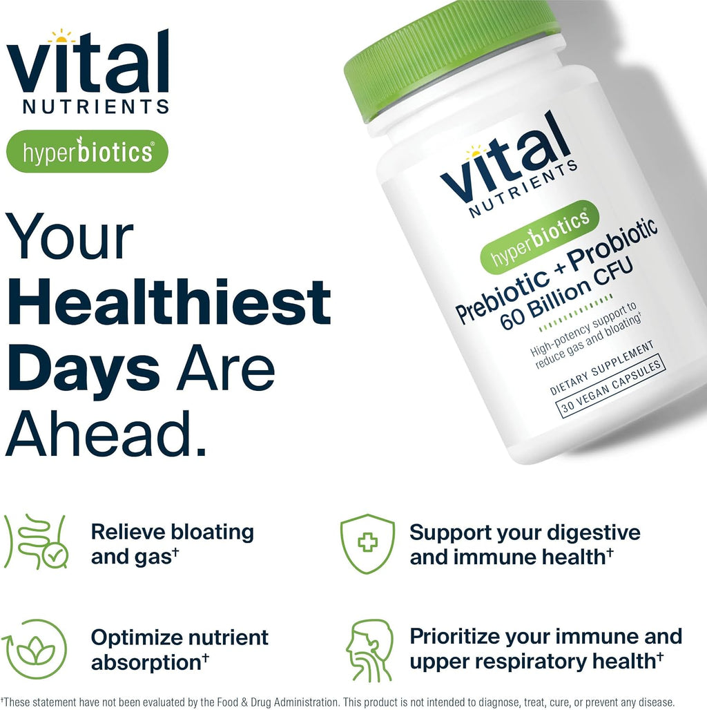 Hyperbiotics Vital Nutrients Prebiótico y Probiótico para Mujeres y Hombres | 60B UFC | 30 Cápsulas Veganas