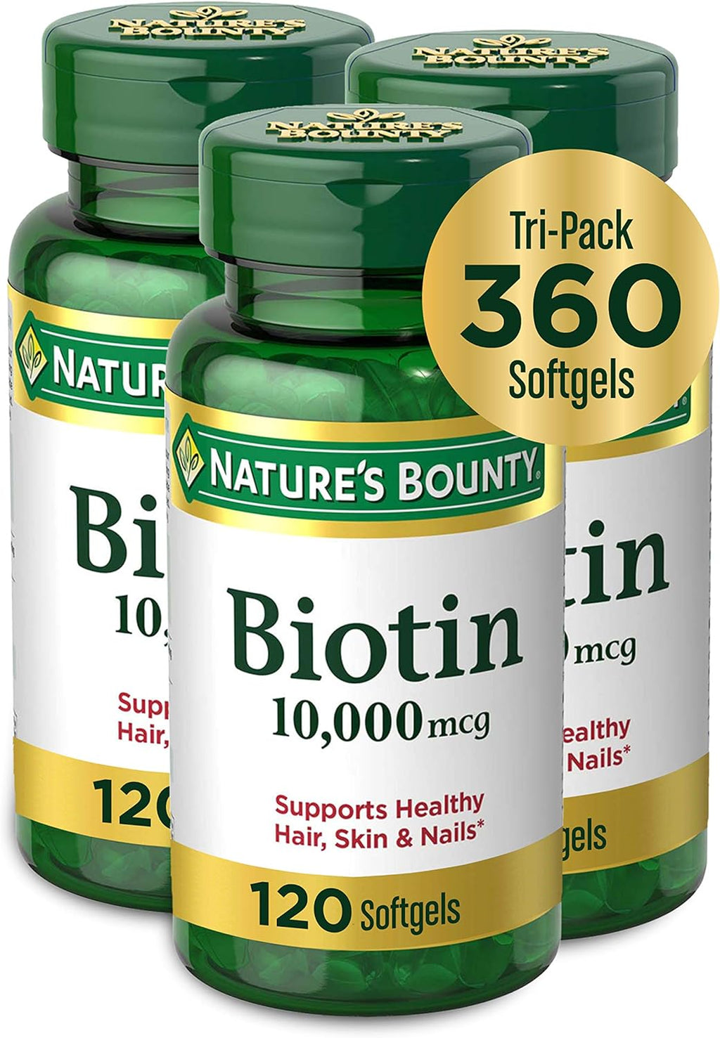 Nature's Bounty Biotina 10.000 µg para Cabello, Piel y Uñas, 360 Cápsulas Blandas (Paquete de 3)