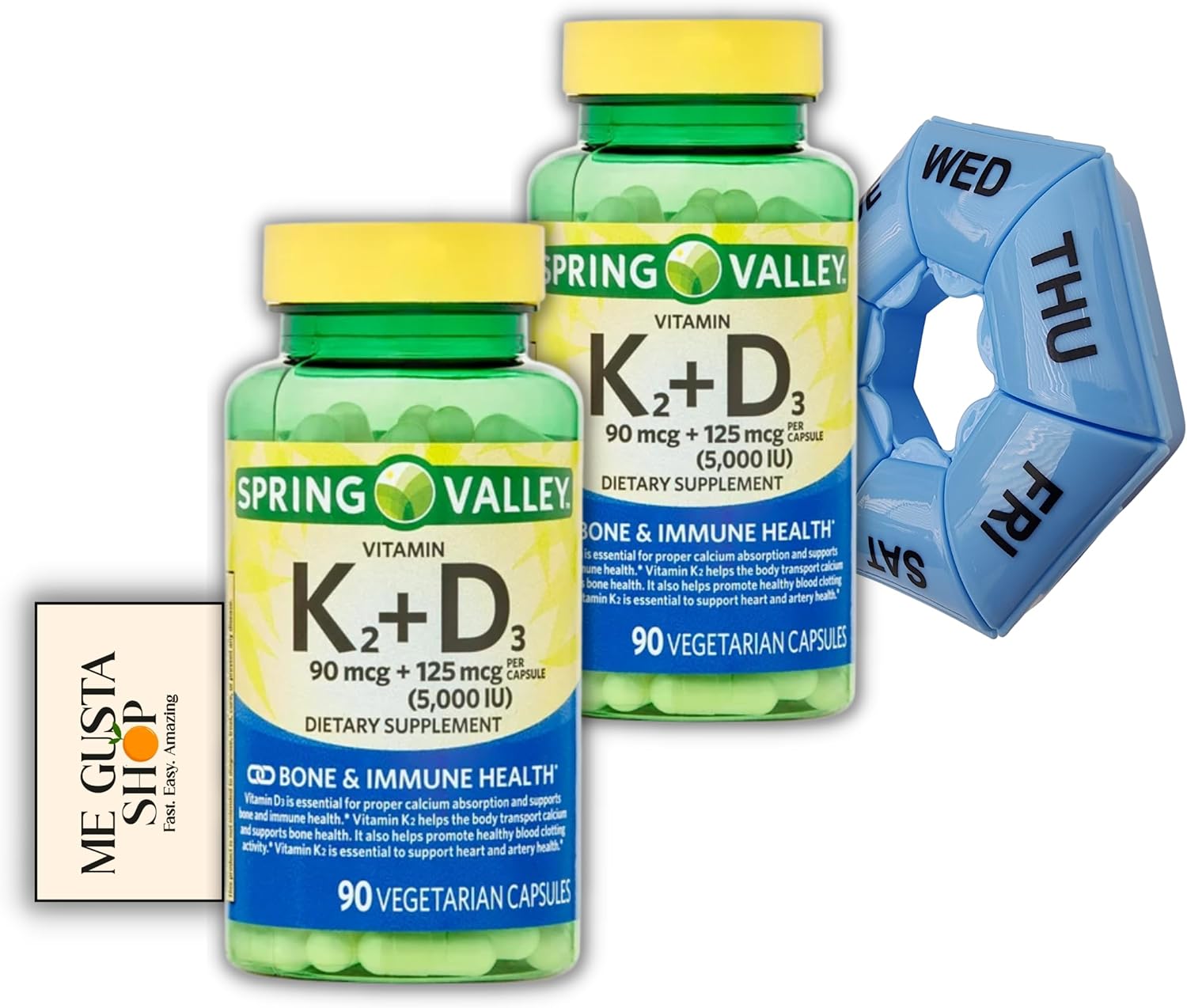 Spring Valley Vitamina K2 90mcg D3 125mcg, 90 Cápsulas Vegetarianas (Paquete de 2, 180 Cápsulas) con Pastillero