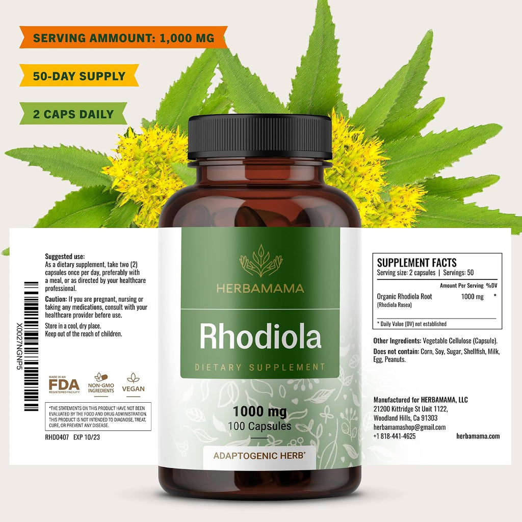 HERBAMAMA Rhodiola Rosea – 100 Cápsulas Veganas (50 Días)