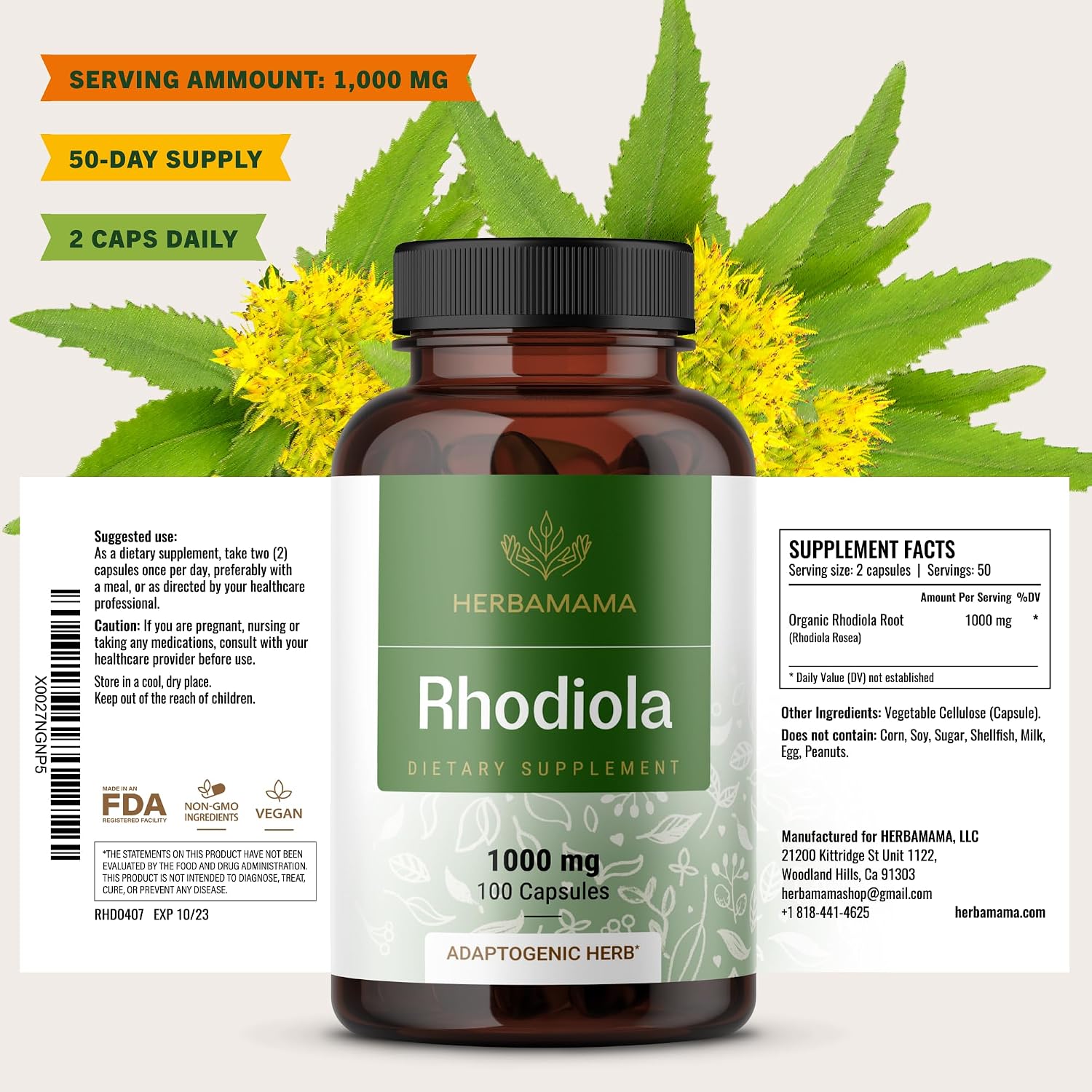HERBAMAMA Rhodiola Rosea – 100 Cápsulas Veganas (50 Días)