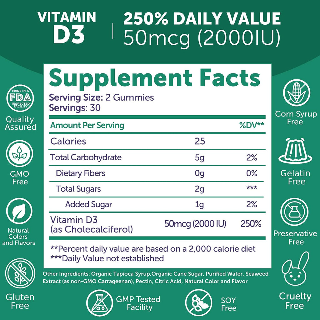 Lunakai Gominolas de Vitamina D3 2000 UI - Sin OGM, Sin Gluten - Pack de 6 (60 Gominolas por Envase)