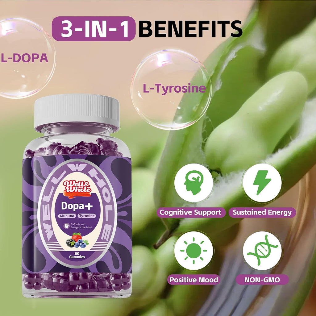 Well&Whole Gominolas Dopamine - Mucuna Pruriens 500mg, L-Tirosina 200mg y Ashwagandha, Apoyo al Estado de Ánimo y Concentración, Sabor a Bayas, Sin Gluten, 60 Gominolas
