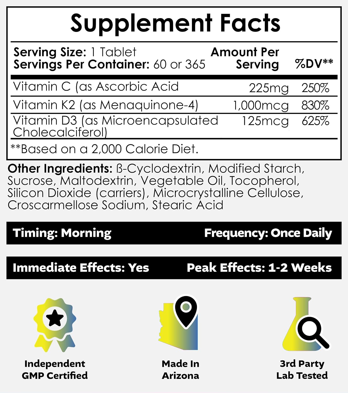 Nootropics Depot Vitamina D3 + K2 con Vitamina C - 60 comprimidos