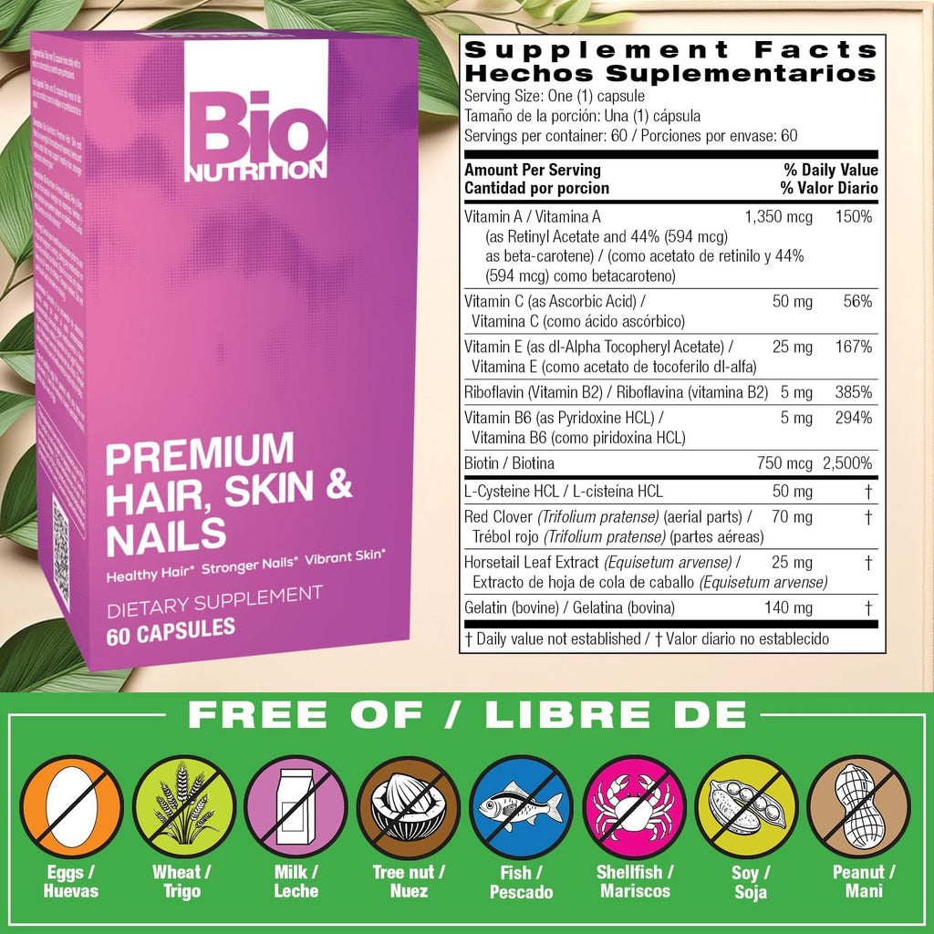 Bio Nutrition Premium Hair, Skin & Nails, 60 Cápsulas