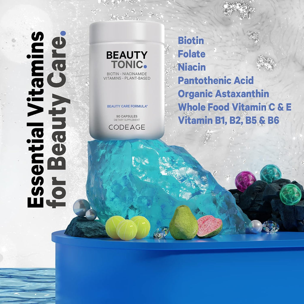 Codeage Beauty Tonic - Suplemento de Biotina 1500 mcg con Vitaminas y Alimentos Orgánicos - 90 Cápsulas Veganas