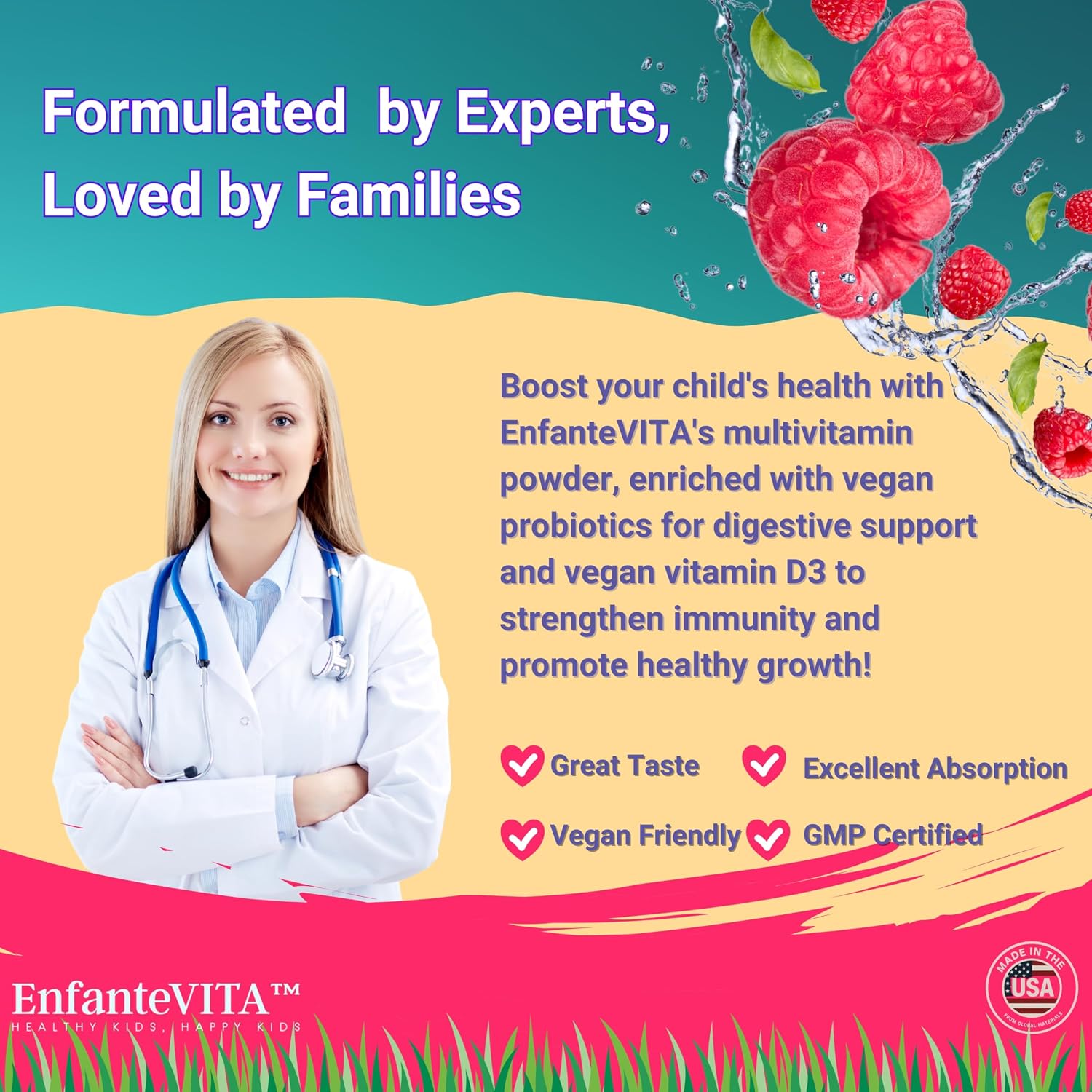 EnfanteVITA All in One Kids Vitamins - Multivitamínico Infantil en Polvo con Probióticos, 90 Días