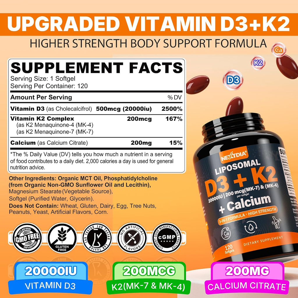 Nextdia Vitamina D3 20.000 UI + K2 (MK-4 y MK-7) 200mcg + Citrato de Calcio - Cápsulas blandas, 2 Paquetes (240 cápsulas)