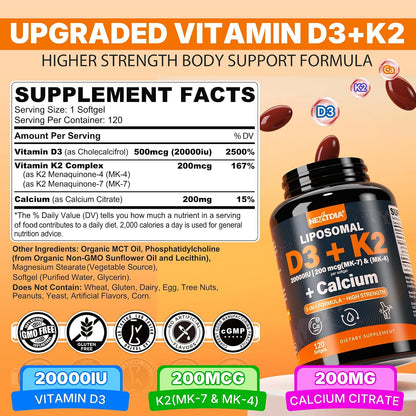 Nextdia Vitamina D3 20.000 UI + K2 (MK-4 y – Citrato de calcio: Una forma de calcio que se absorbe eficazmente – Image 3