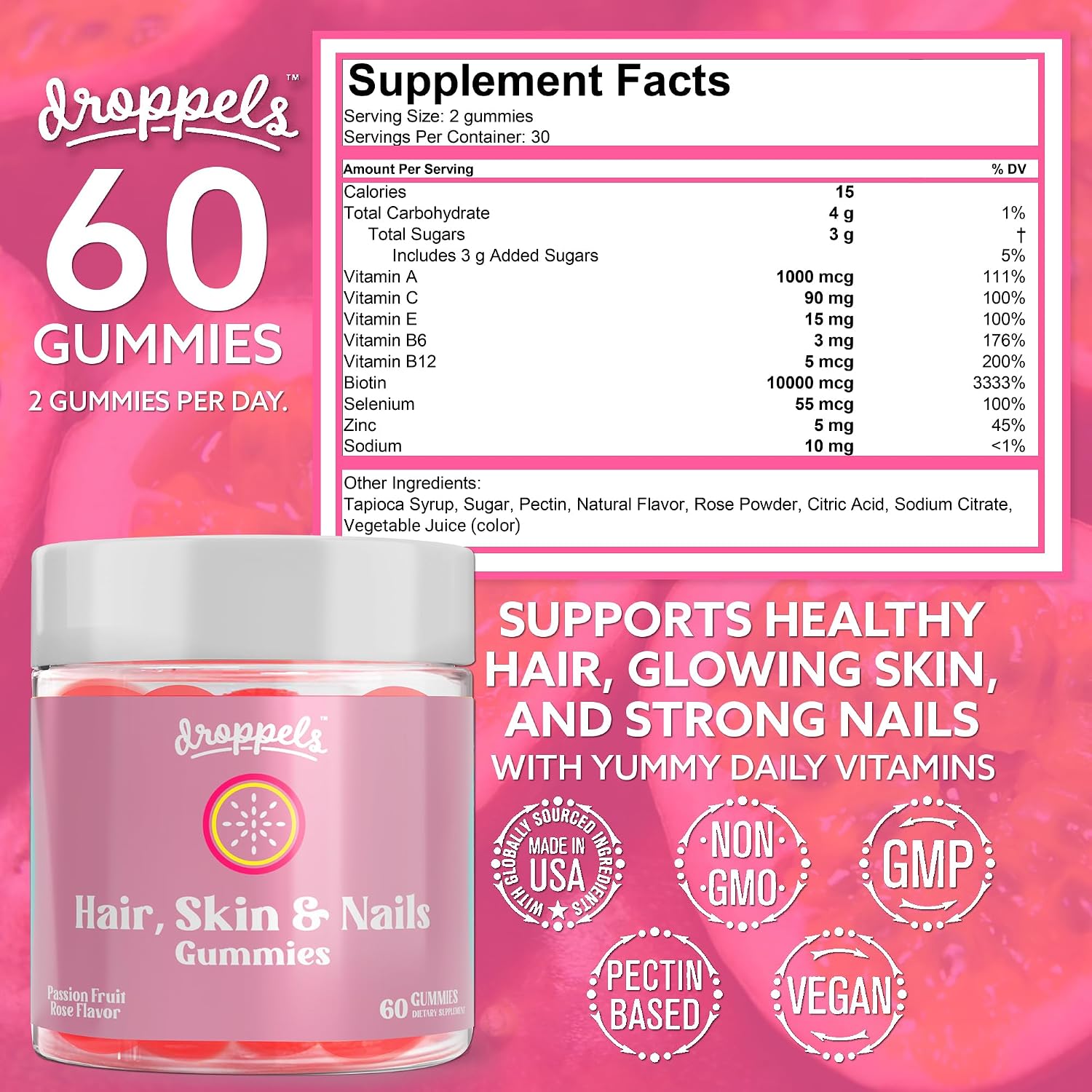 Gominolas de Biotina 10.000 mcg para Cabello, Piel y Uñas - Droppels