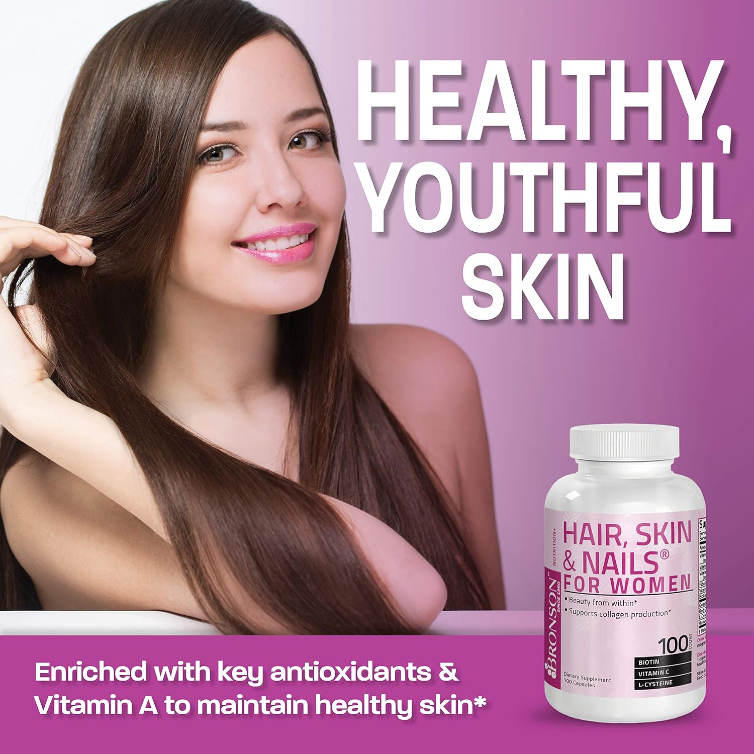 Bronson Hair, Skin & Nails con Biotina Extra Fuerte - 100 Cápsulas