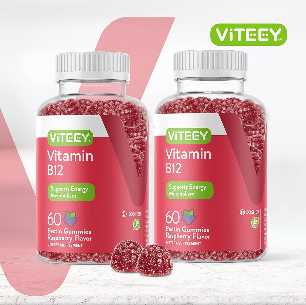 Viteey Vitamin B12 Gominolas - 120 Unidades - Vegano, Sin Gluten, Sabor Frambuesa