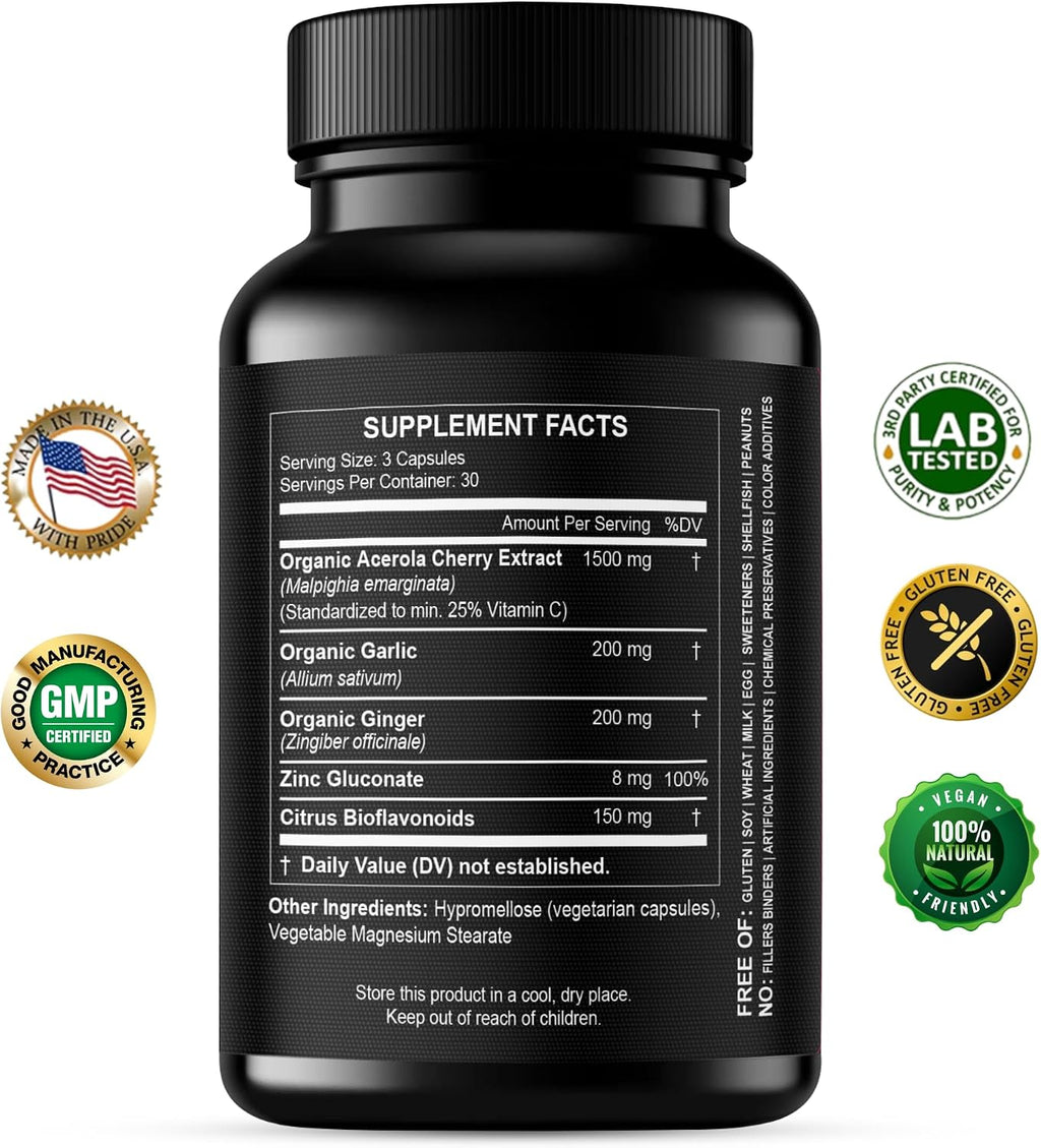 Vitamina C Natural de Acerola Orgánica - Alta Absorción - con Ajo, Jengibre y Bioflavonoides Cítricos - Apoyo al Sistema Inmunitario y Colágeno - Vitaminas para la Piel Antienvejecimiento