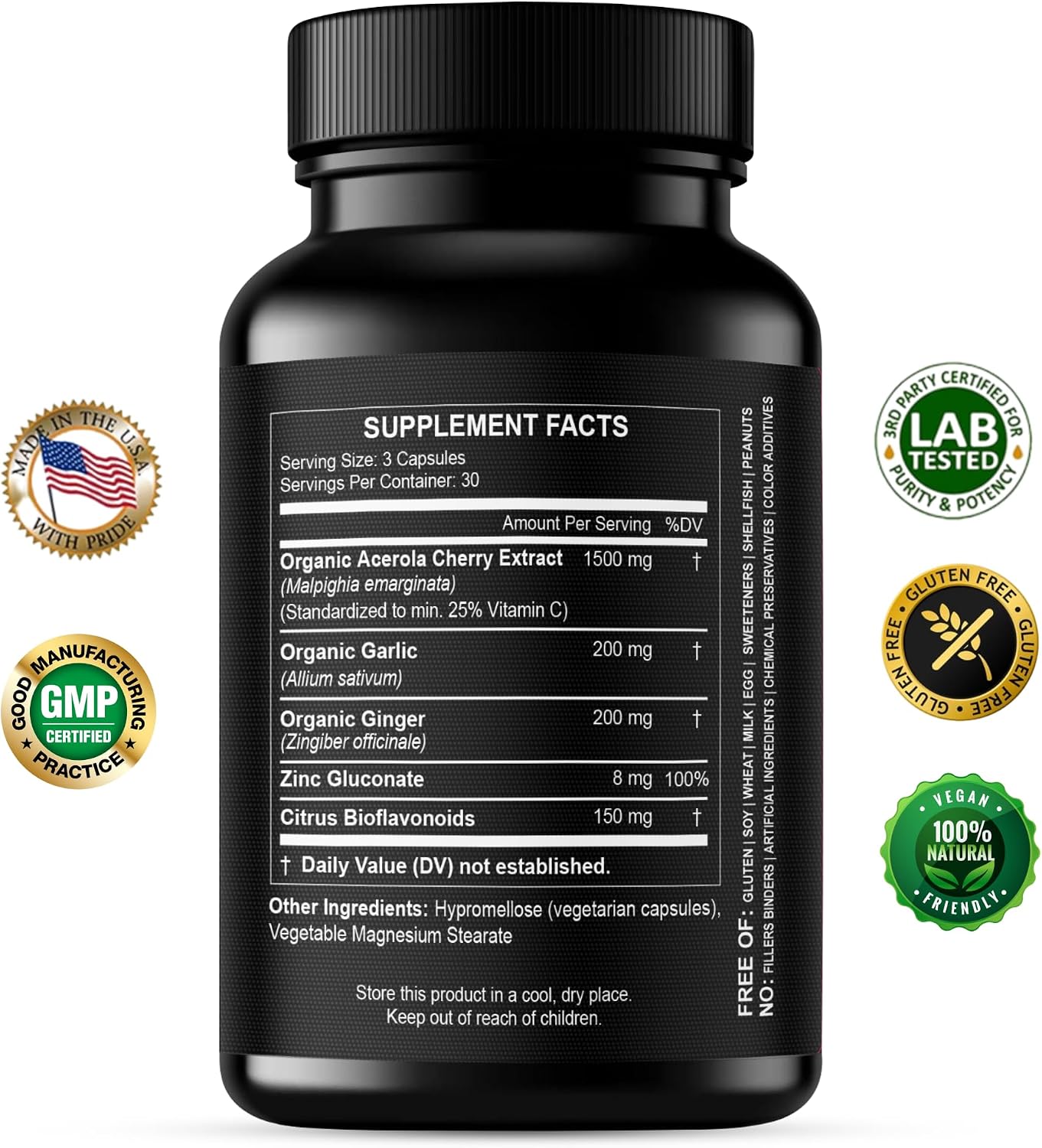 Vitamina C Natural de Acerola Orgánica - Alta Absorción - con Ajo, Jengibre y Bioflavonoides Cítricos - Apoyo al Sistema Inmunitario y Colágeno - Vitaminas para la Piel Antienvejecimiento